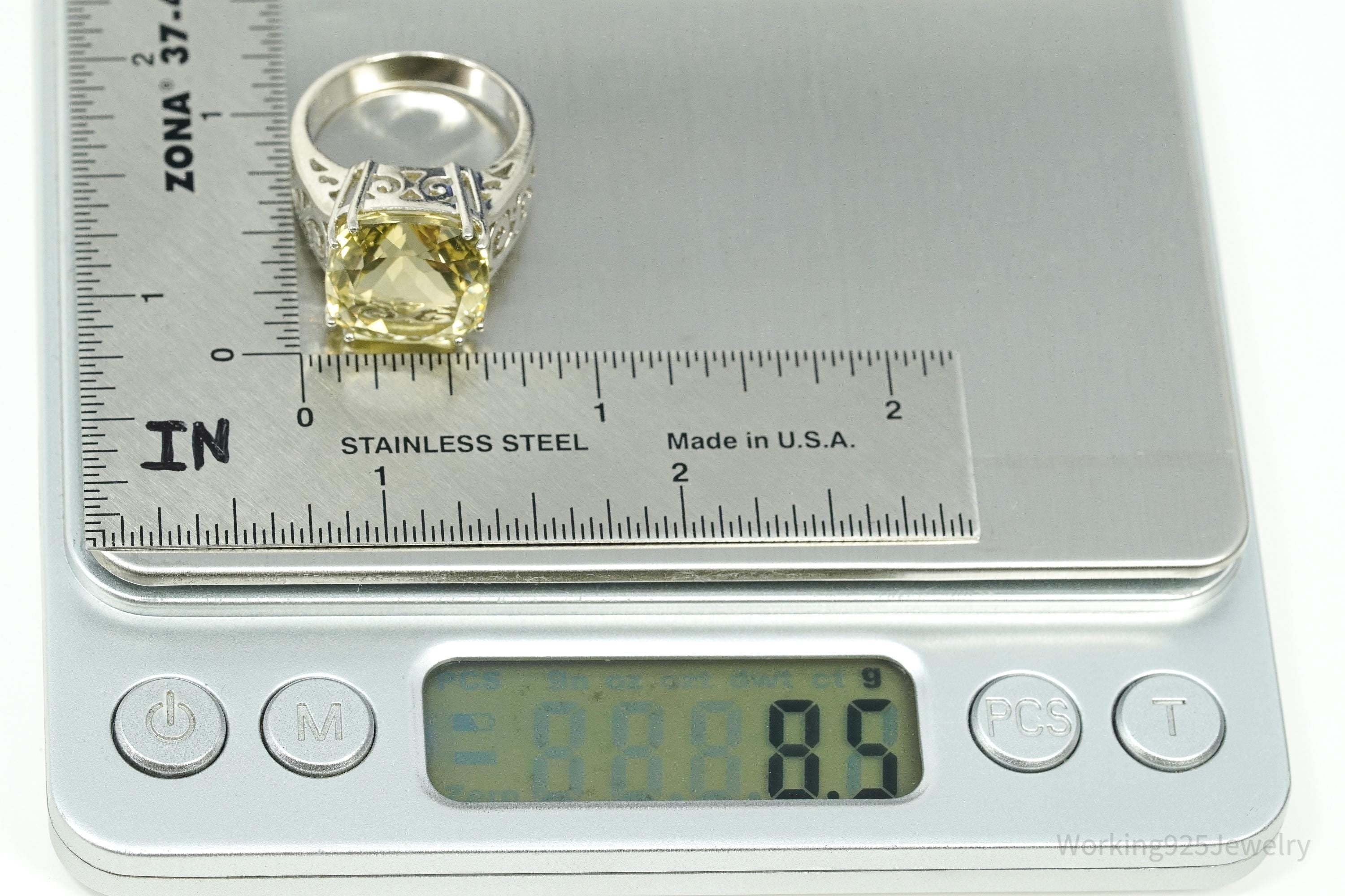 Vintage Large Lemon Citrine Sterling Silver Ring - Size 8