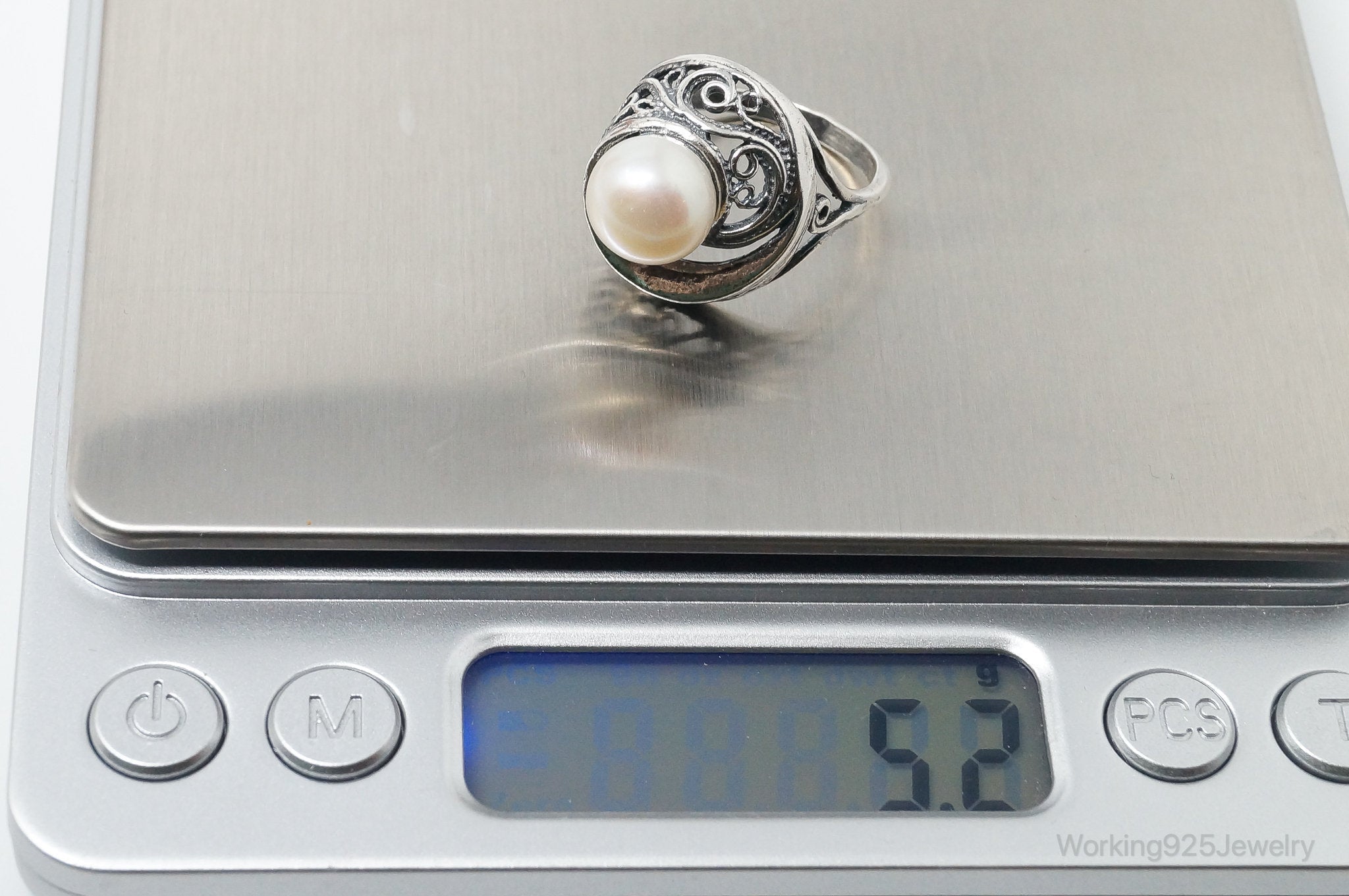 Vintage Pearl Scroll Sterling Silver Ring - Size 8