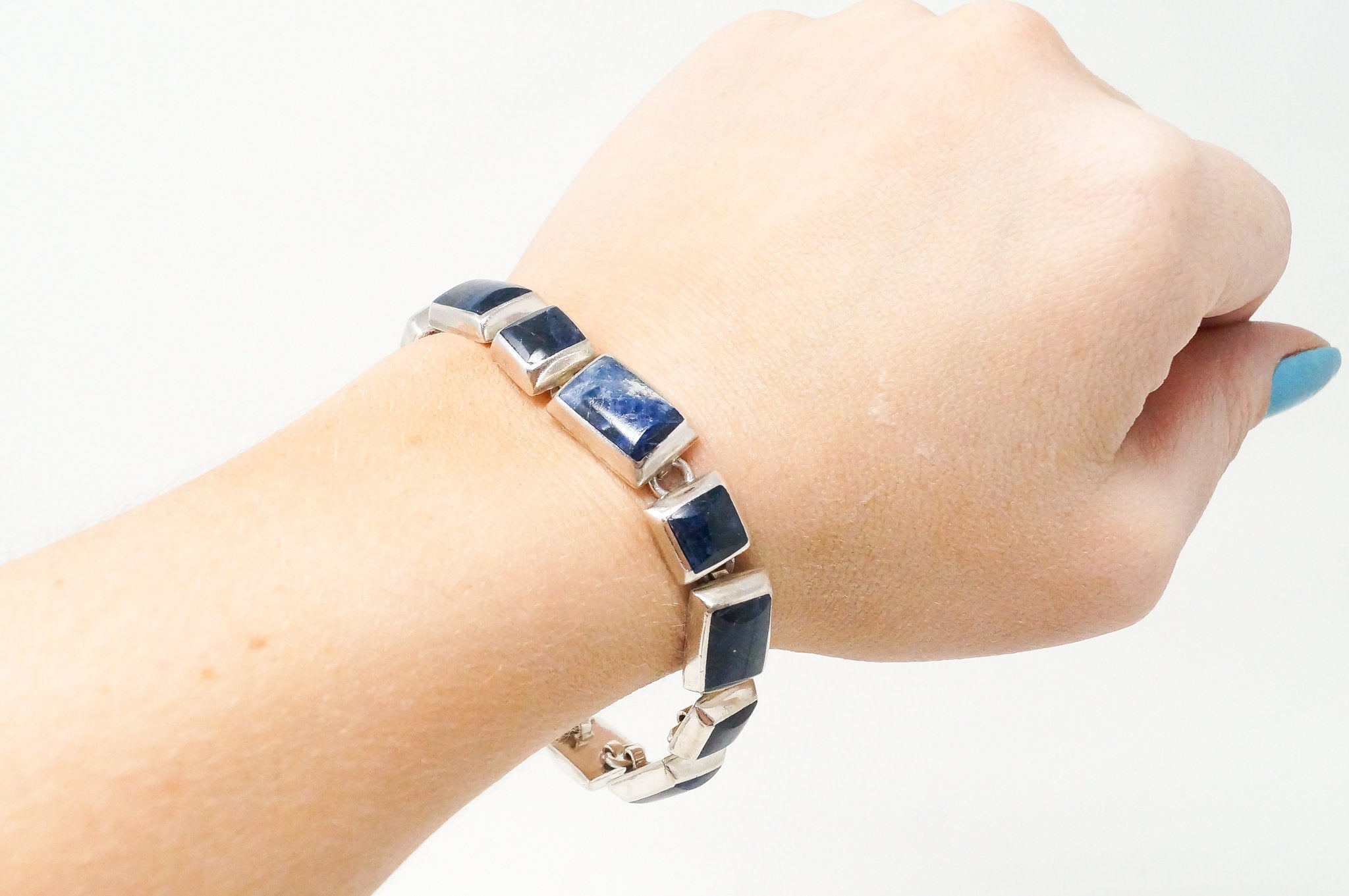 Vintage Mexico Designer Modernist Blue Sodalite 950 Silver Cuff Bracelet