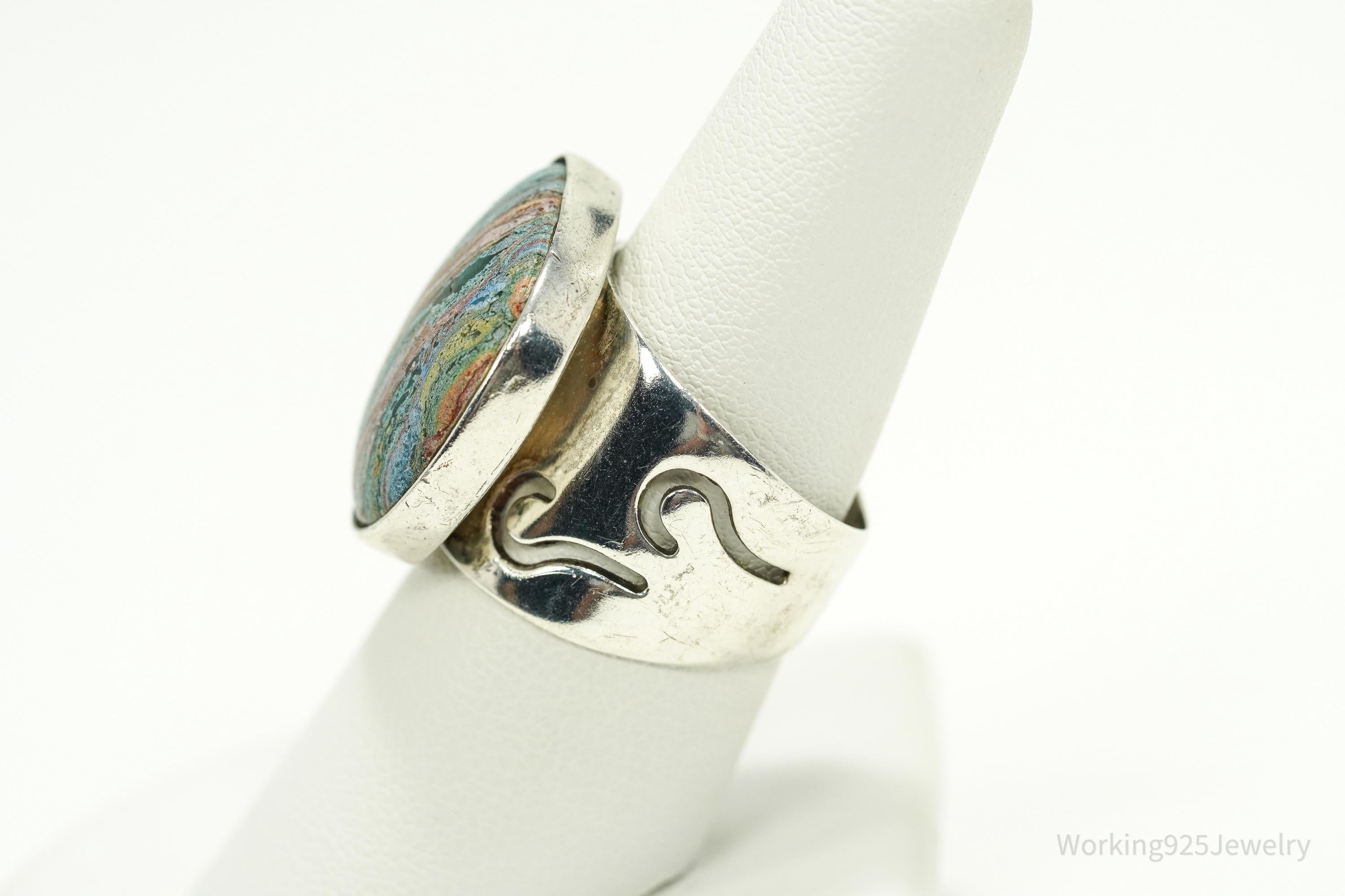 VTG Designer Desert Rose Trading Rainbow Calsilica Sterling Silver Ring - 8.25