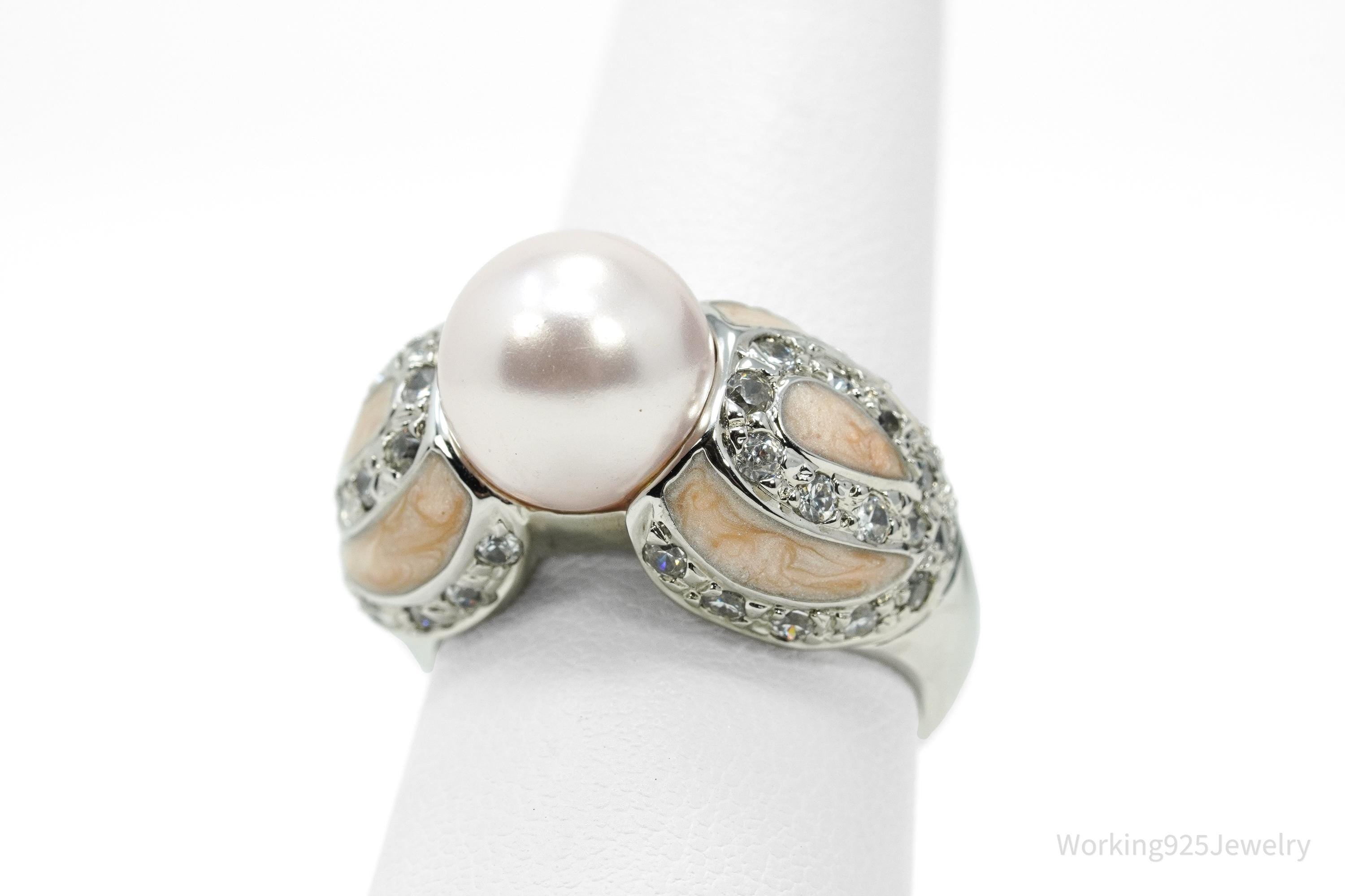Vintage Ross Simons Pearl & Cubic Zirconia Enamel Sterling Silver Ring - Size 6.75
