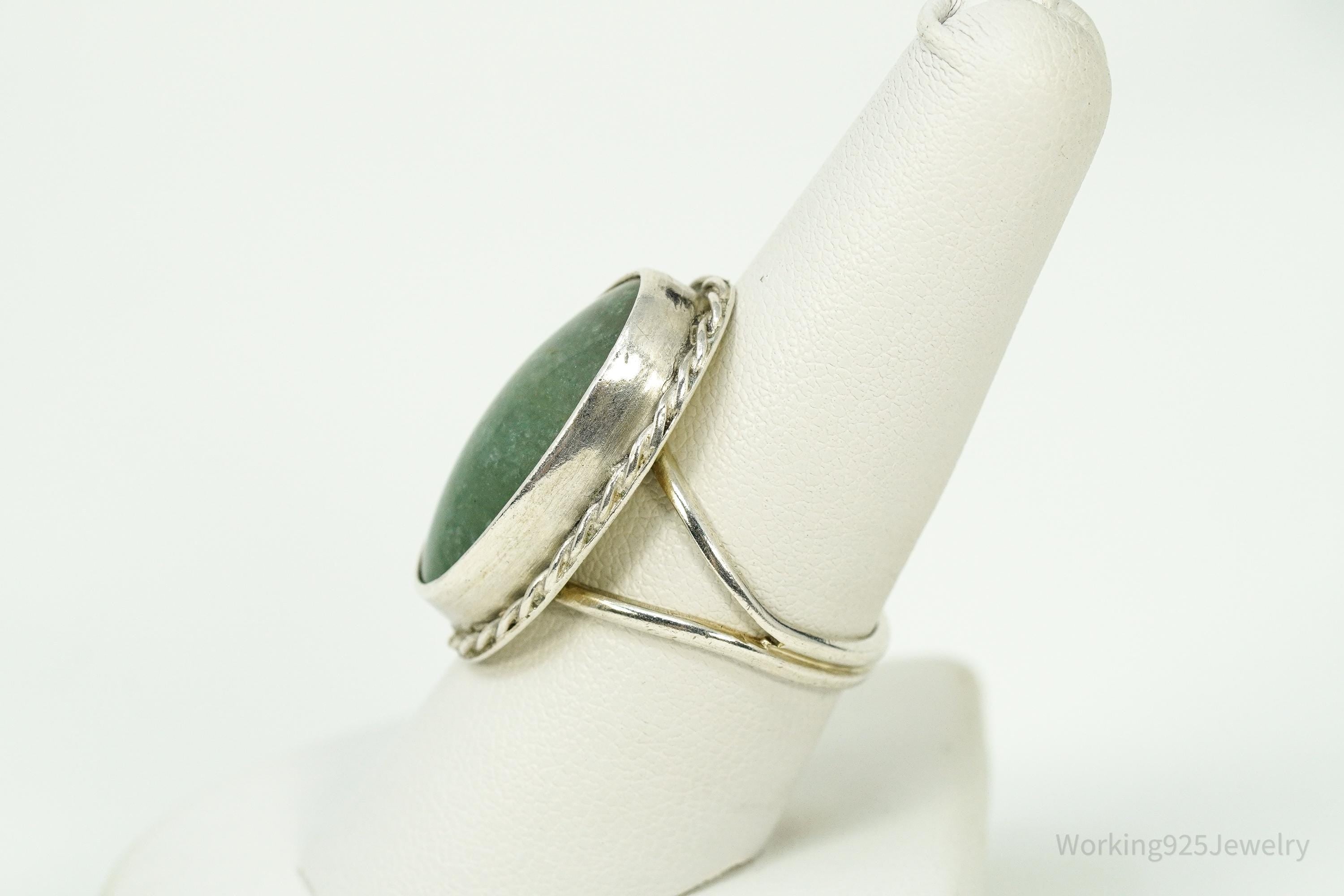 Vintage Green Jade Silver Ring - Size 8.25