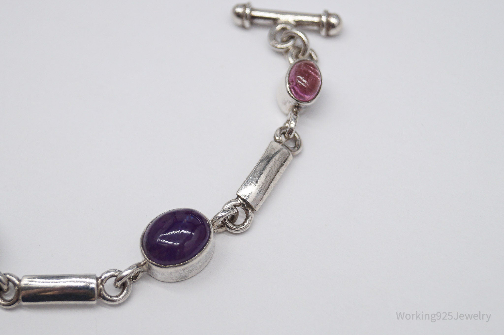 Vintage Smoky Topaz Amethyst & Pink Stone Sterling Silver Toggle Bracelet 7 5/8"