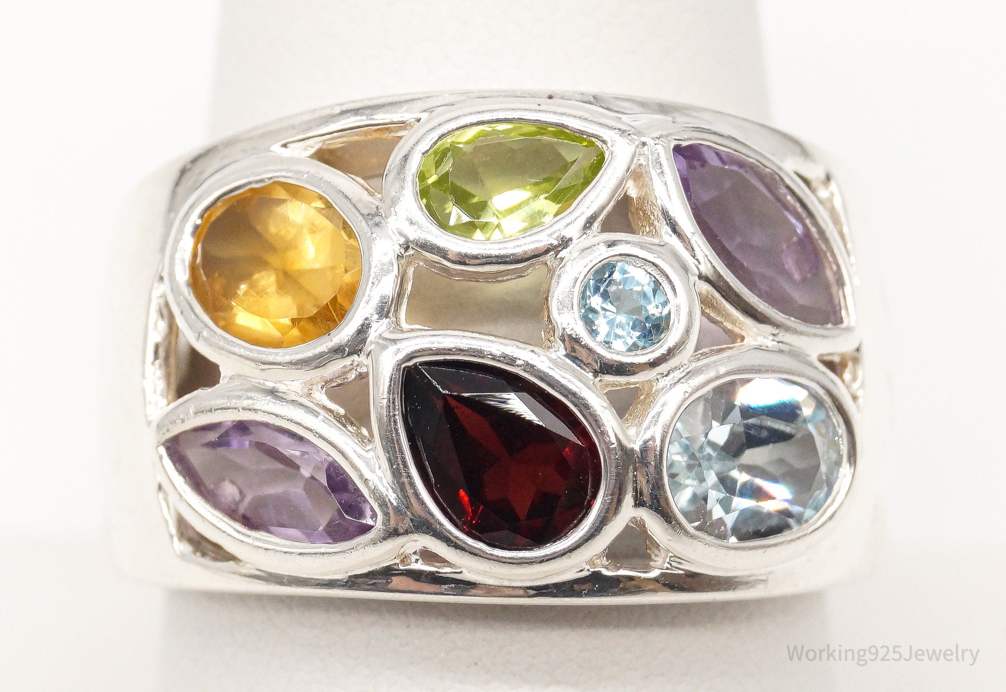 Vintage Multiple Gemstone Rainbow Sterling Silver Ring - Size 8.75