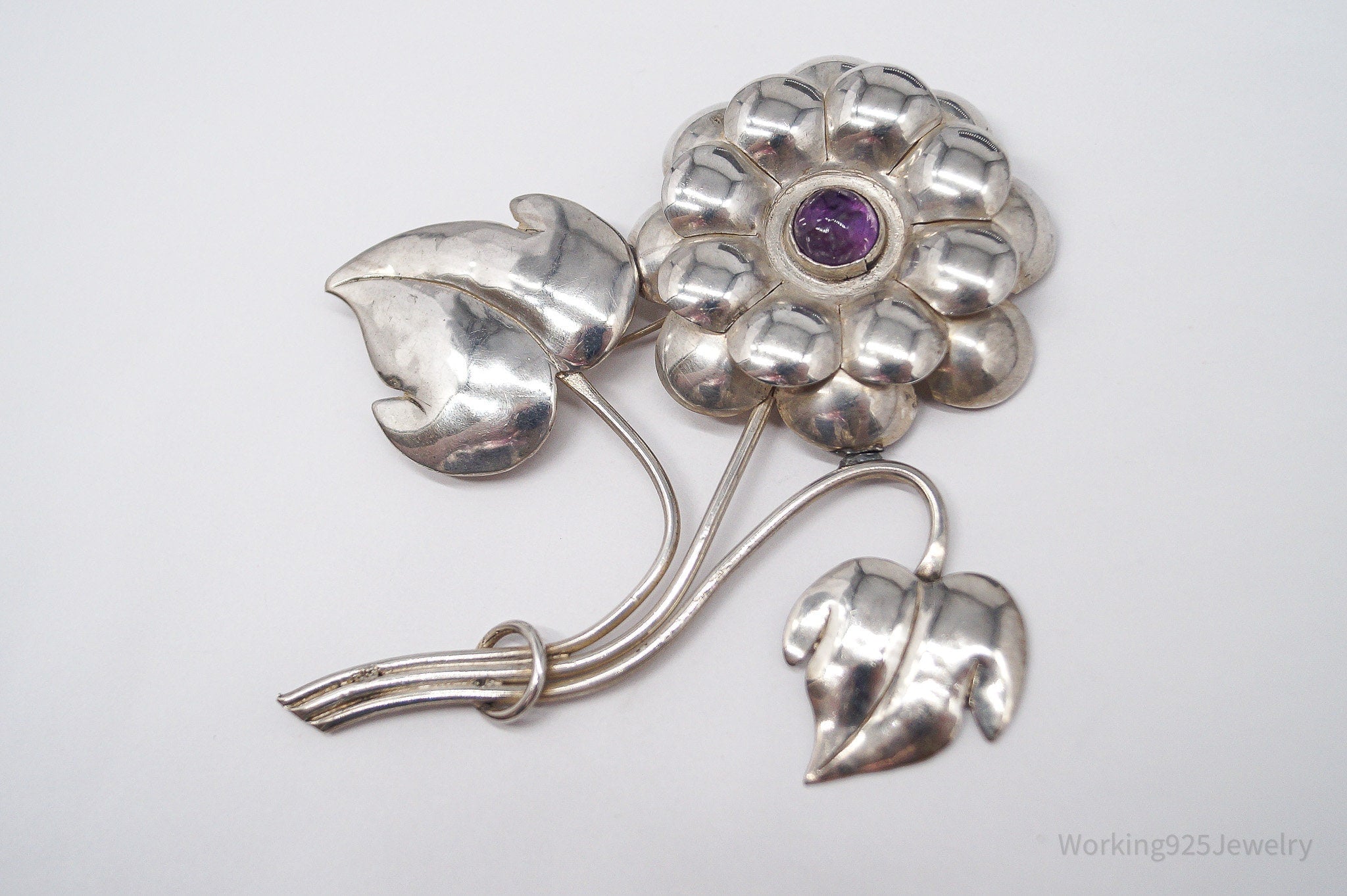 Large Vintage Mexico Modernist Flower Amethyst & Sterling Silver Brooch Pin