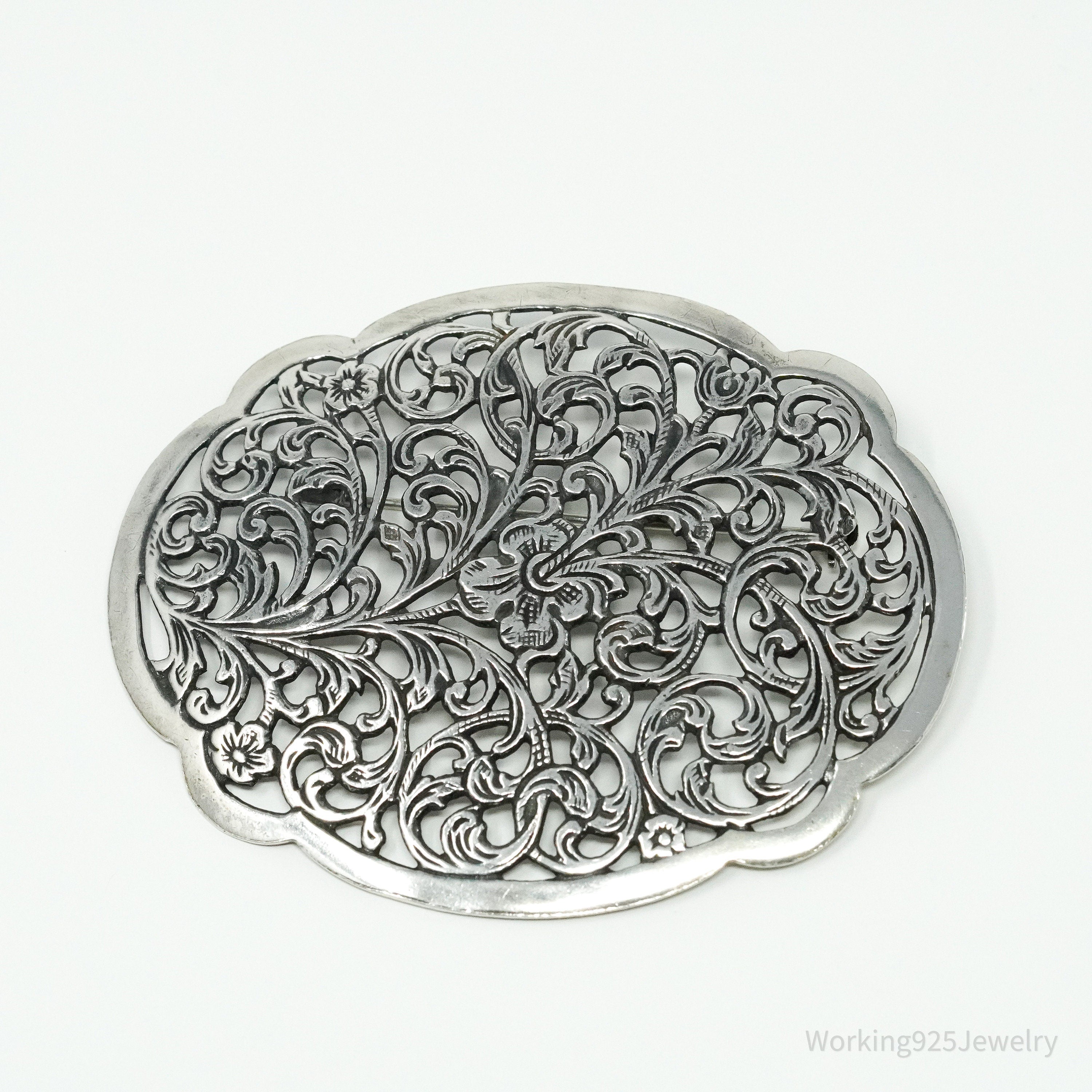Large Vintage Floral Sterling Silver Brooch Pin 2"
