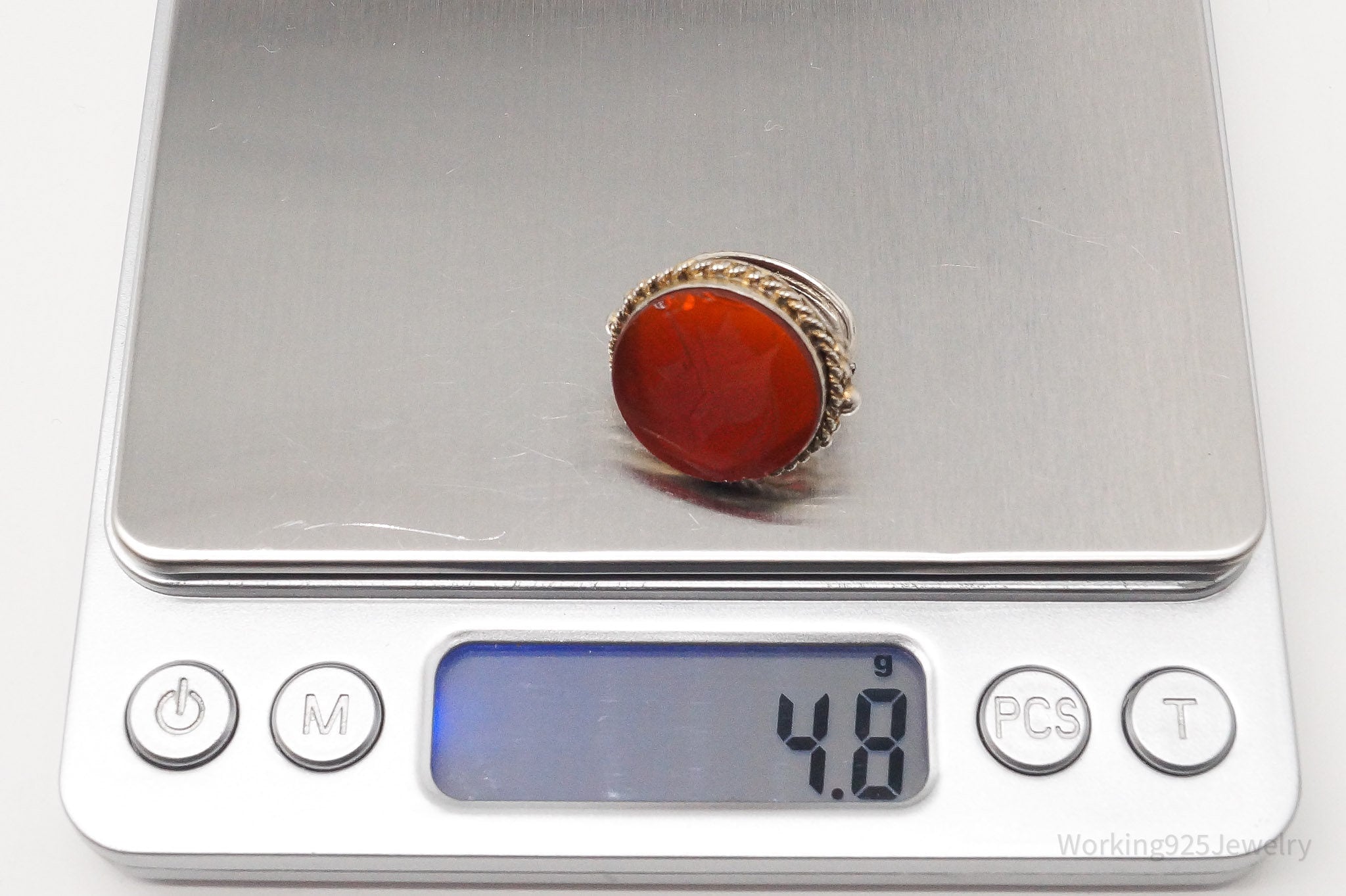 Antique Roman Soldier Carved Carnelian Intaglio Silver Ring - Size 5.5