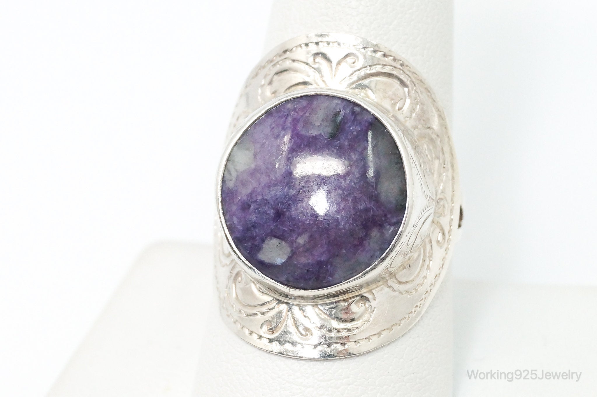 Vintage Mexico Designer Merav Large Charoite Sterling Silver Ring - SZ 9