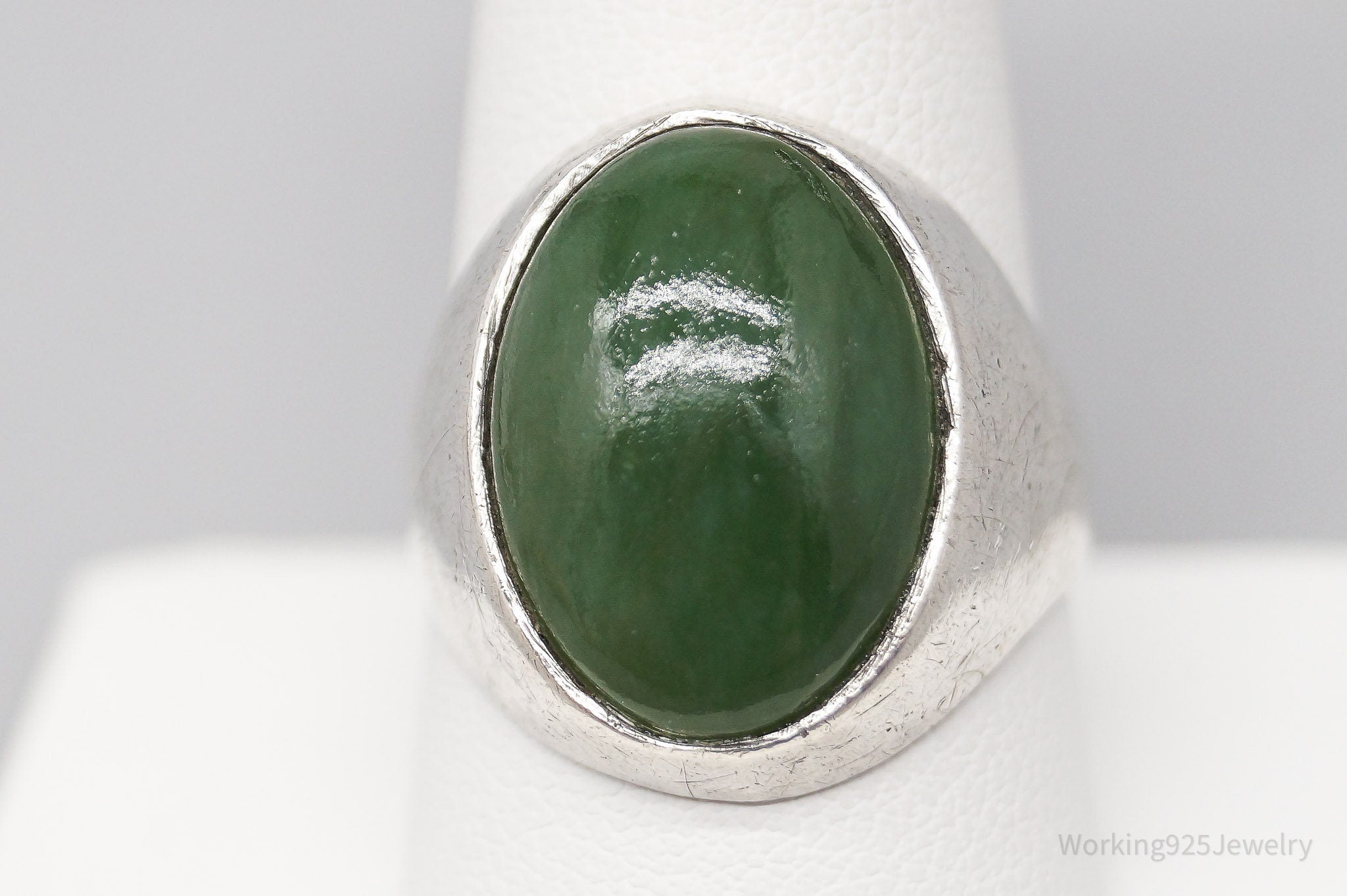 Antique Nephrite Jade Sterling Silver Ring - Size 10