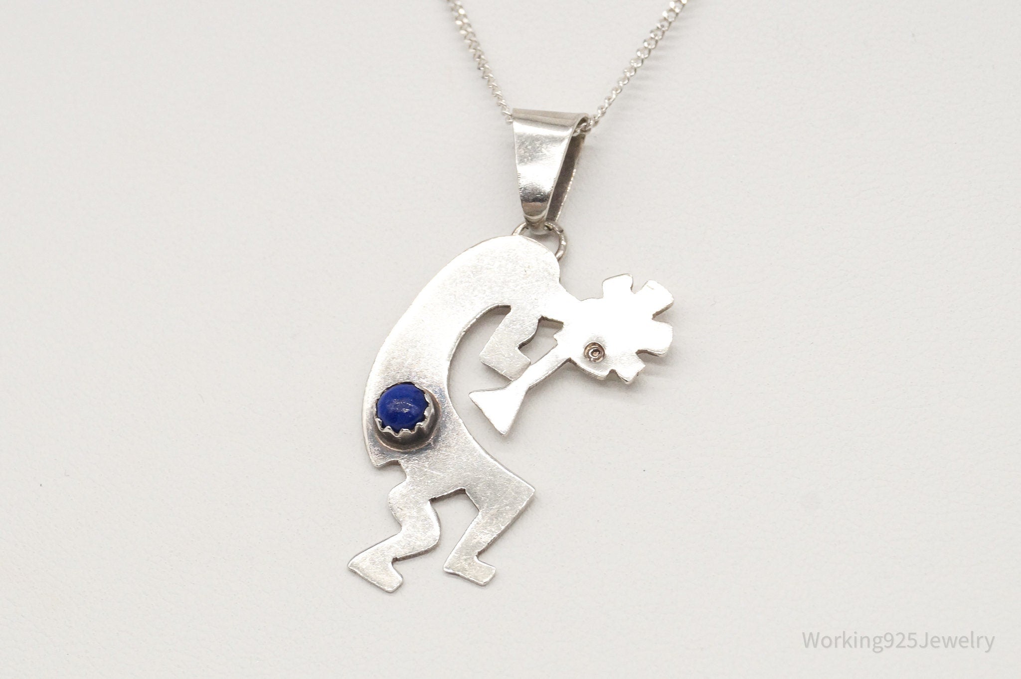 Vintage Native America Lapis Lazuli Dancing Kokopelli Sterling Silver Necklace