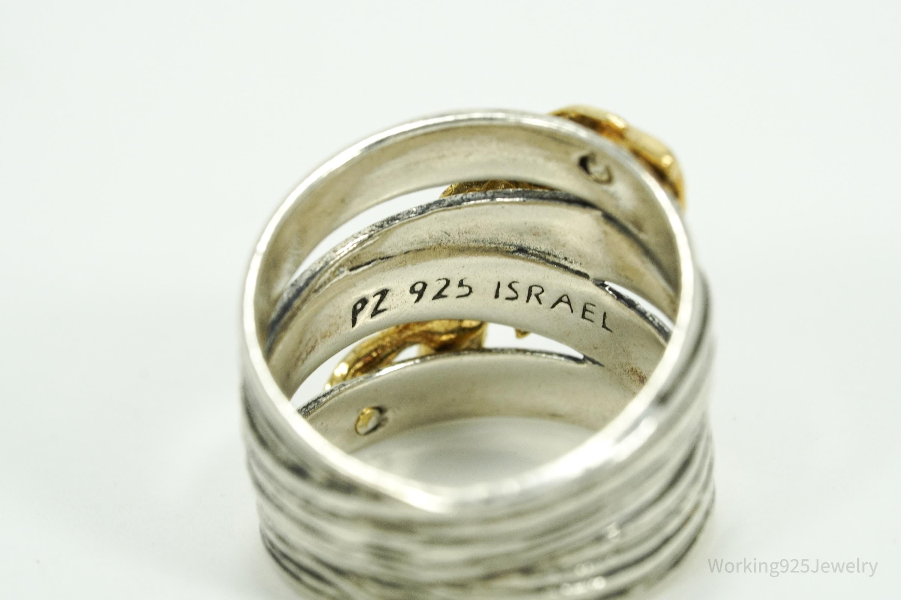 Vintage Israel Designer Paz Gold Vermeil Leaves Sterling Silver Ring Size 6.75