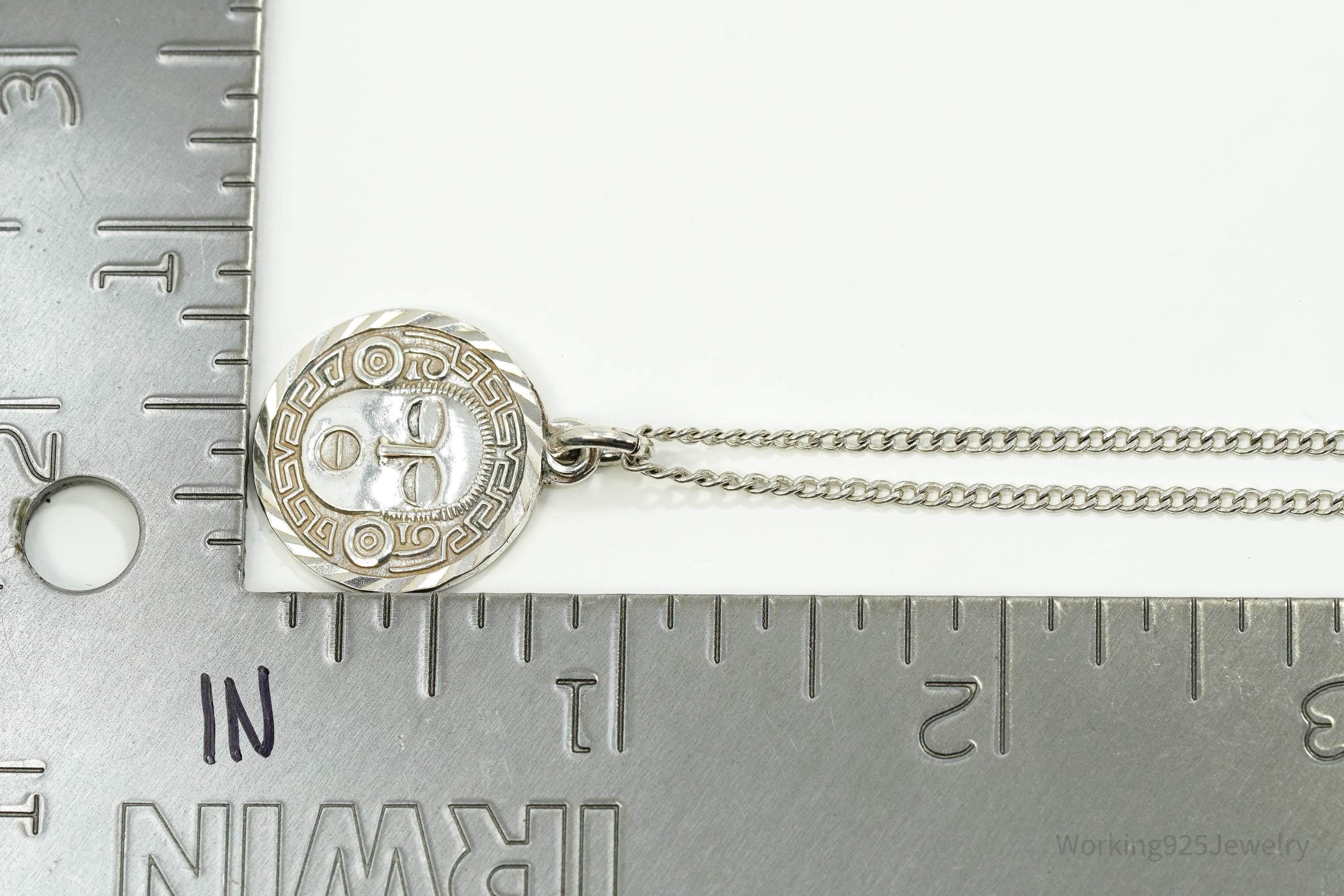 Vintage Mexico Mayan Medallion God 950 Silver Necklace 18"