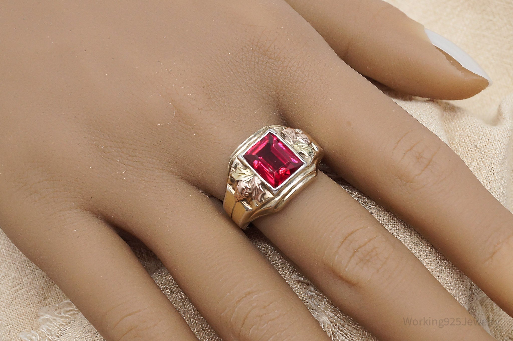 Antique Ruby 10K Gold Top Sterling Silver Ring - Size 9.75