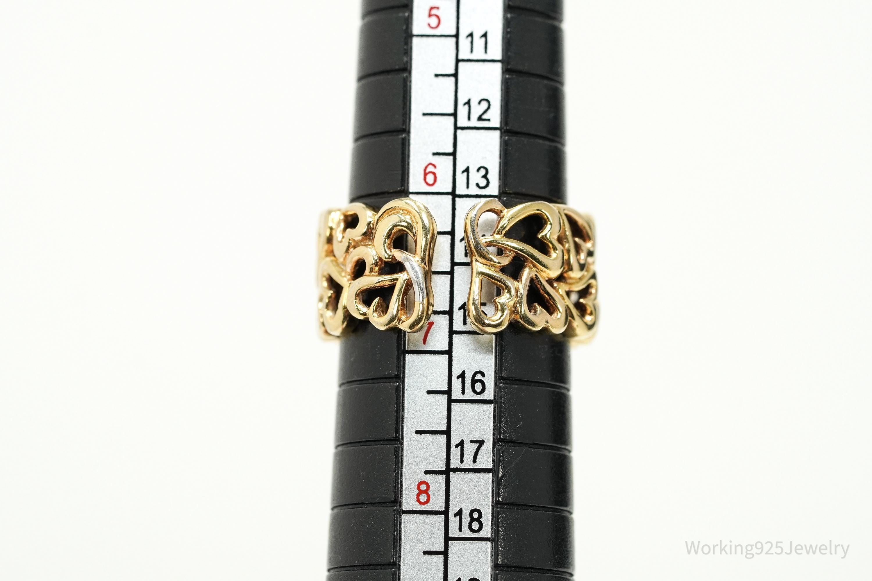 Vintage Gold Vermeil Hearts Wide Band Sterling Silver Ring Adjustable Sz 6.75