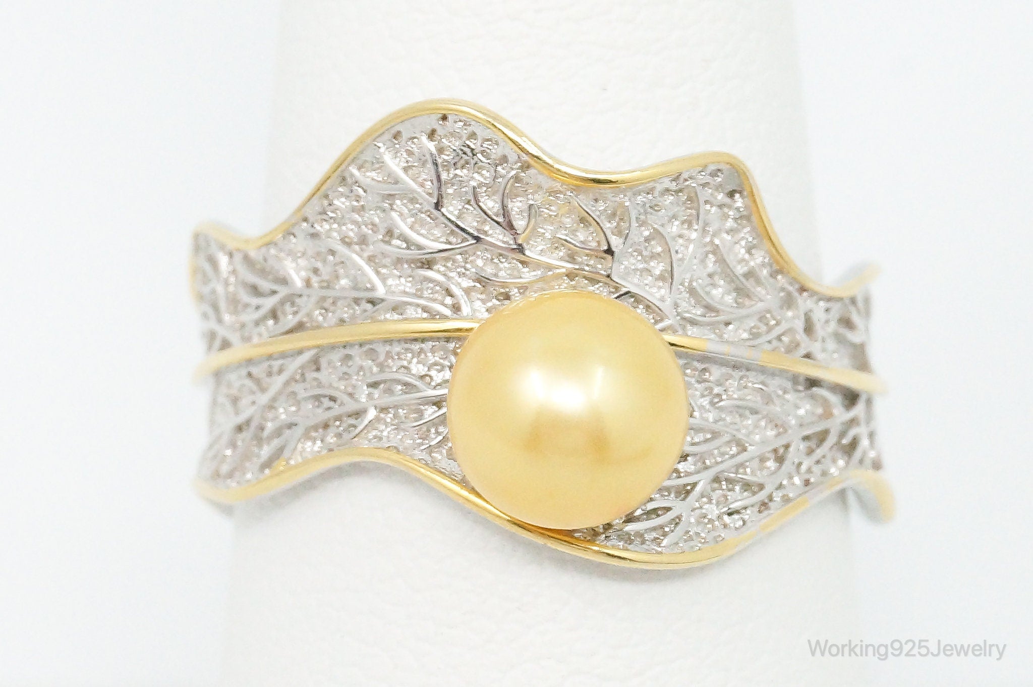 Vintage Yellow Lab Pearl Sterling Silver Gold Vermeil Ring Size 8 Adjustable