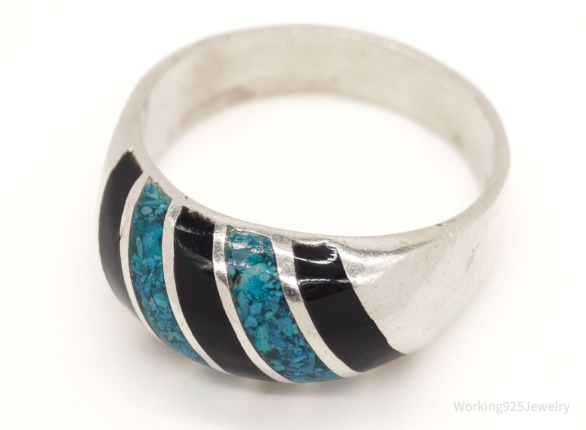 Vintage Mexico Blue Turquoise & Black Enamel Sterling Silver Ring - SZ 11.5