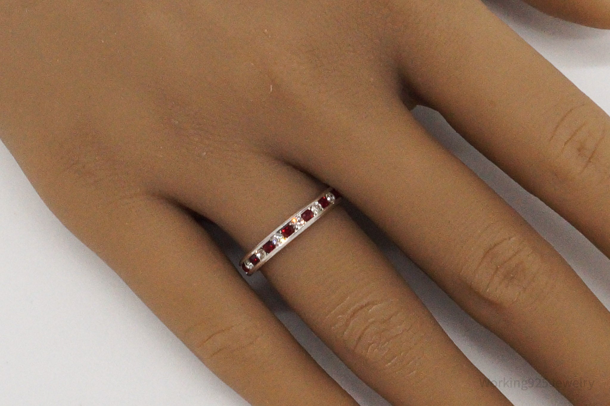 Vintage Red & White Crystal Sterling Silver Ring - Size 6.75