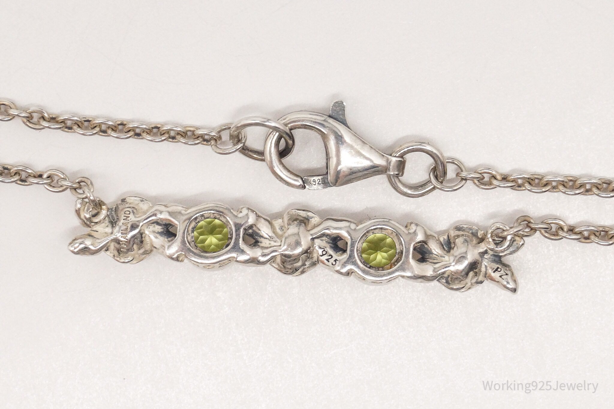 Vintage Israel Designer Paz PZ Peridot Rose Bar Sterling Silver Necklace 16"