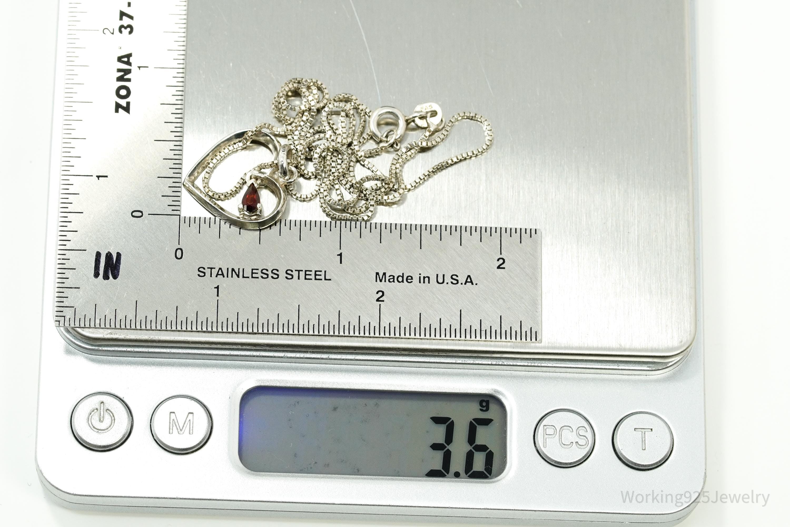 Vintage Garnet Sterling Silver Heart Chain Necklace 18"