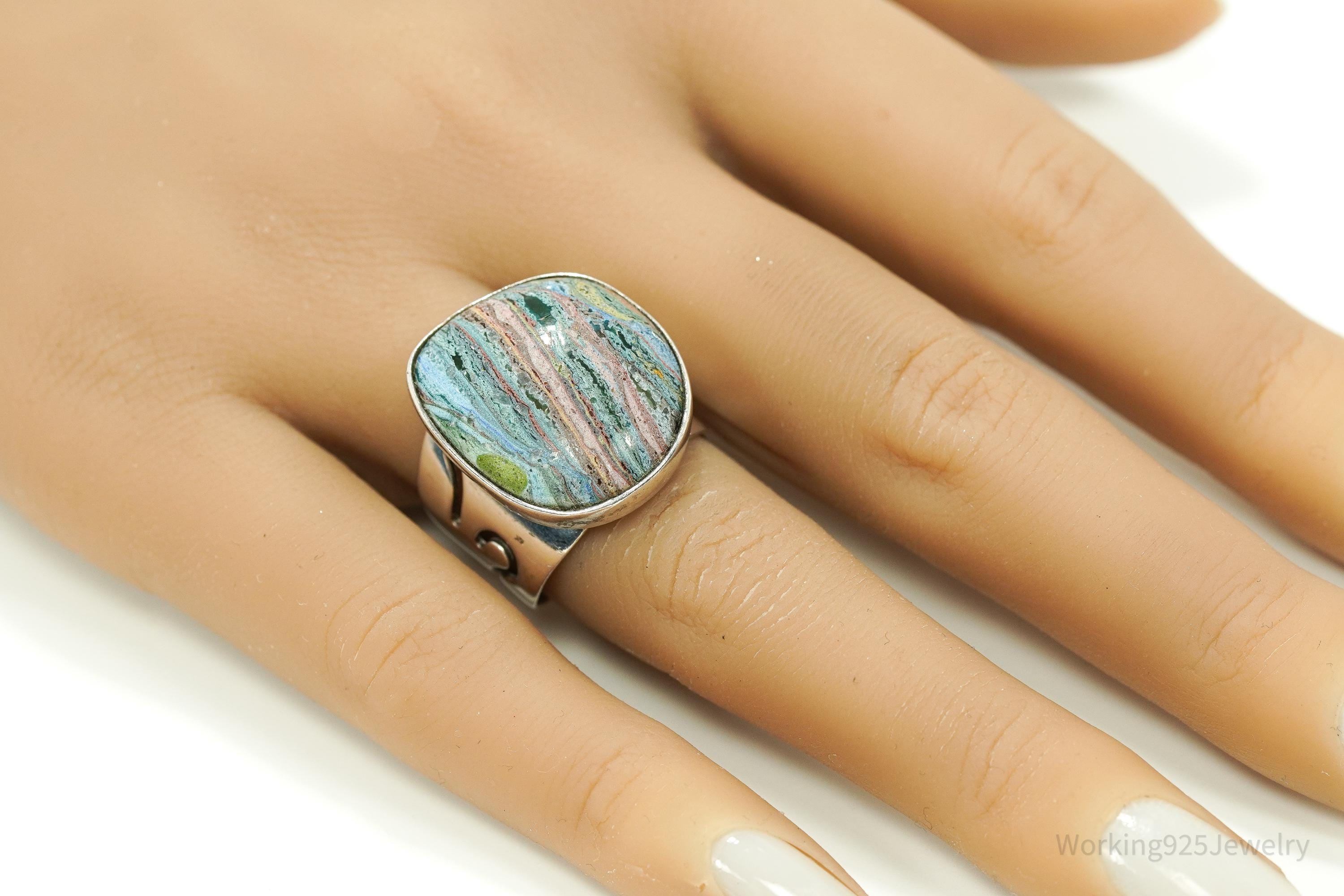 VTG Designer Desert Rose Trading Rainbow Calsilica Sterling Silver Ring - 8.25