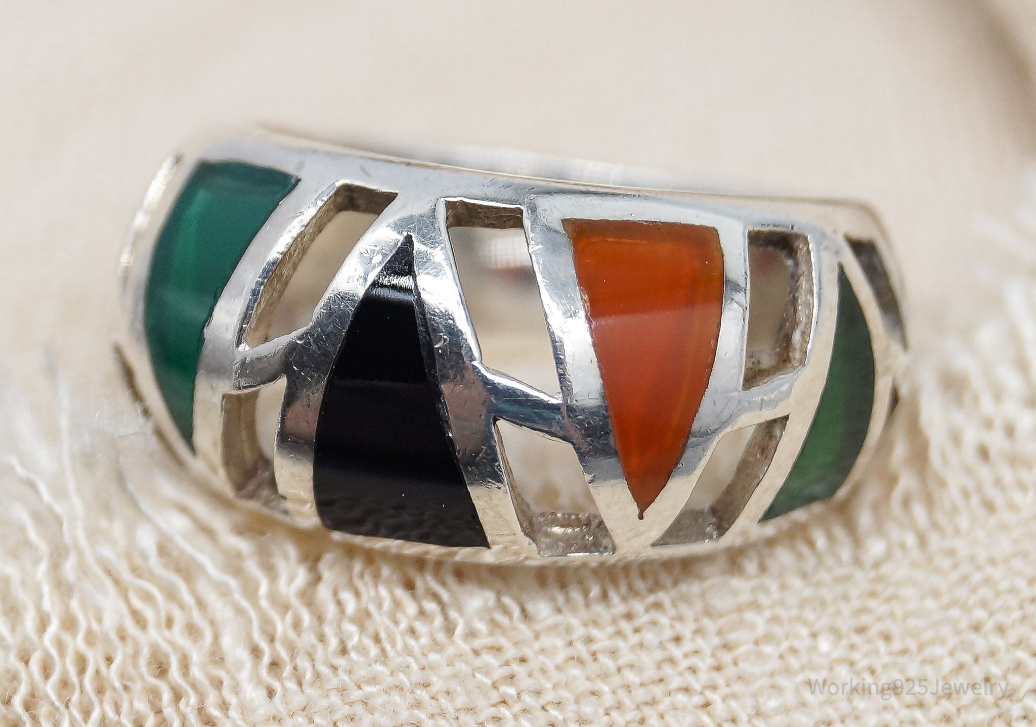 Vintage Multi Color Onyx Inlay Sterling Silver Ring - Size 6