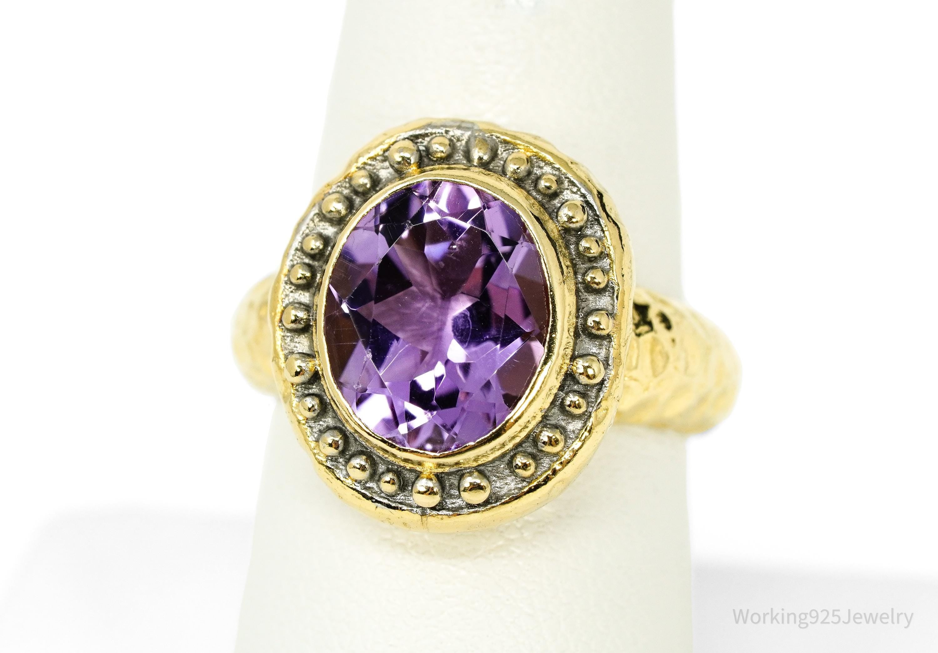 Vintage Italian Designer Amethyst Gold Vermeil Sterling Silver Ring - Size 8