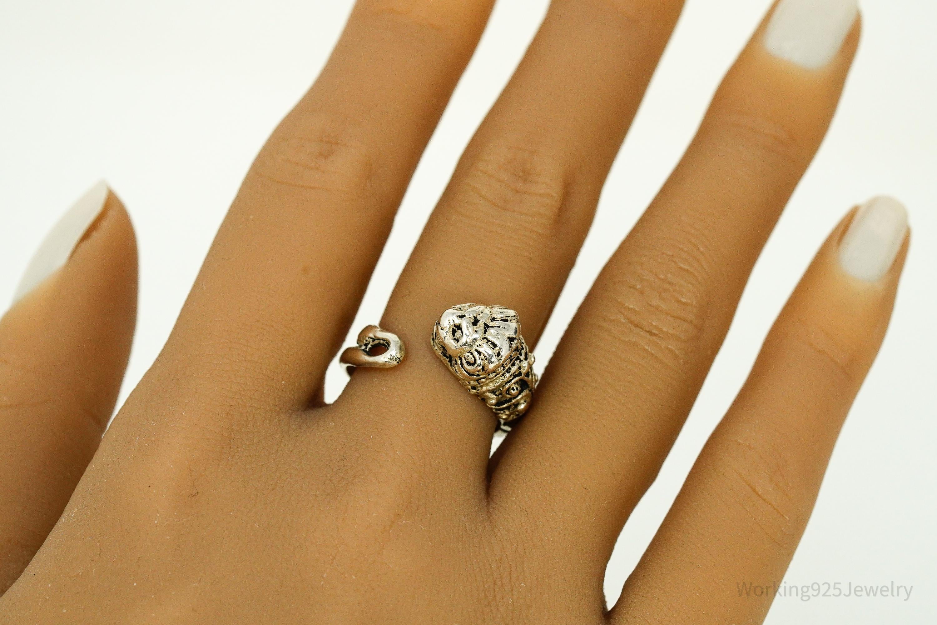 Vintage Lion's Head King Of The Jungle Sterling Silver Wrap Ring Size 8.75