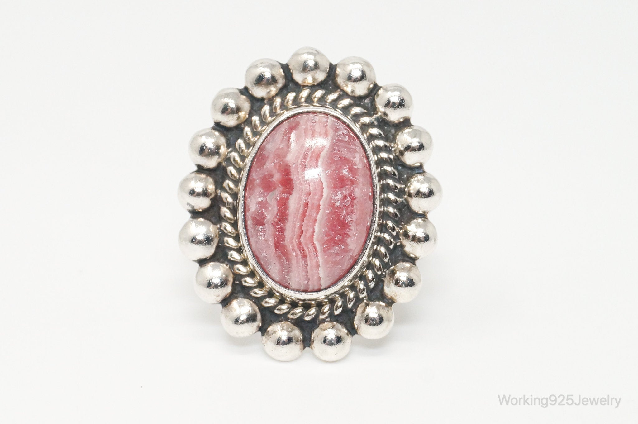 Vintage Mexico Artisan MWS Rhodochrosite Southwest Sterling Silver Ring Sz 9.75