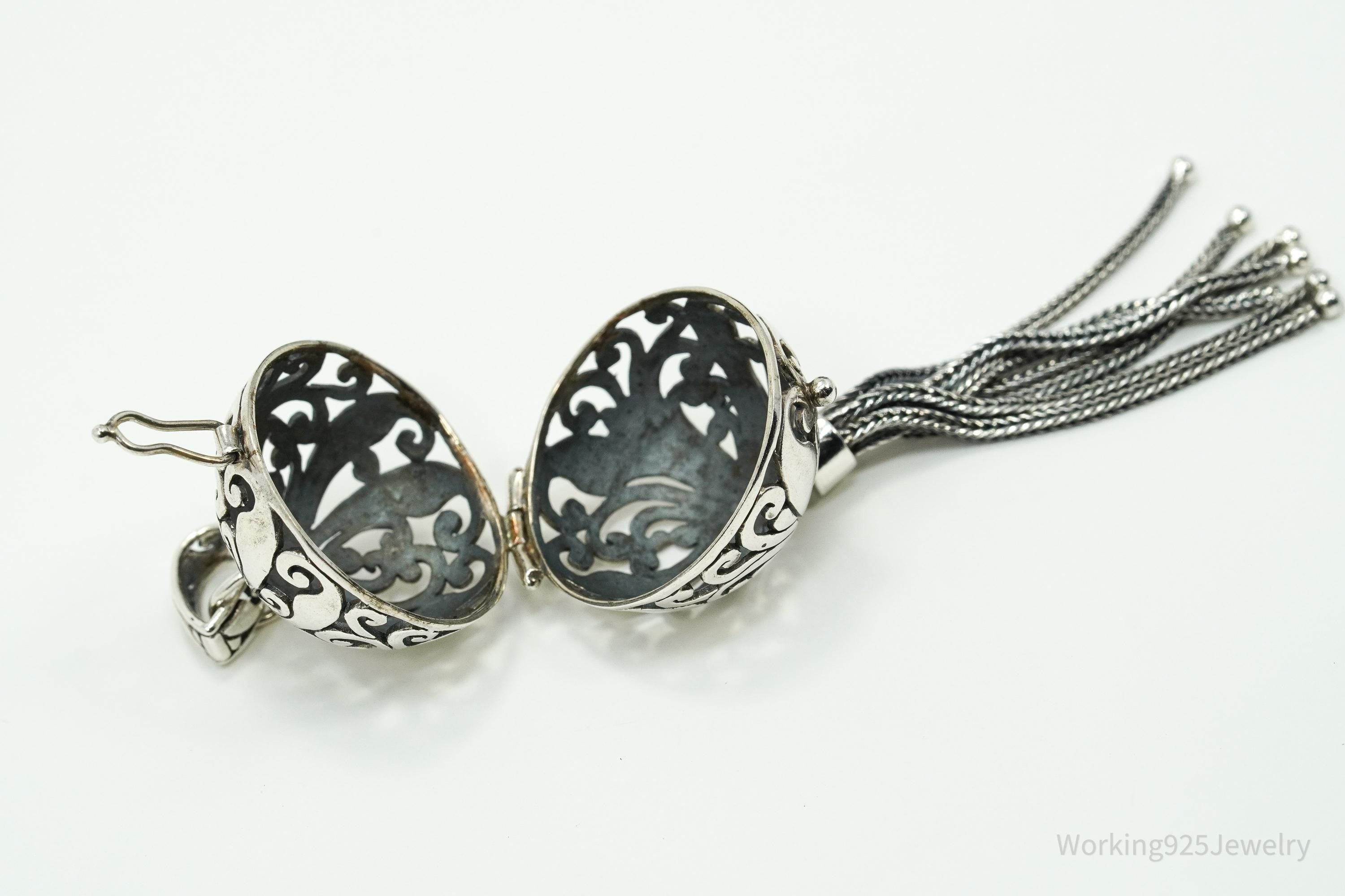 Large Vintage ATI Ornate Ball Dome Cage Sterling Silver Necklace Pendant