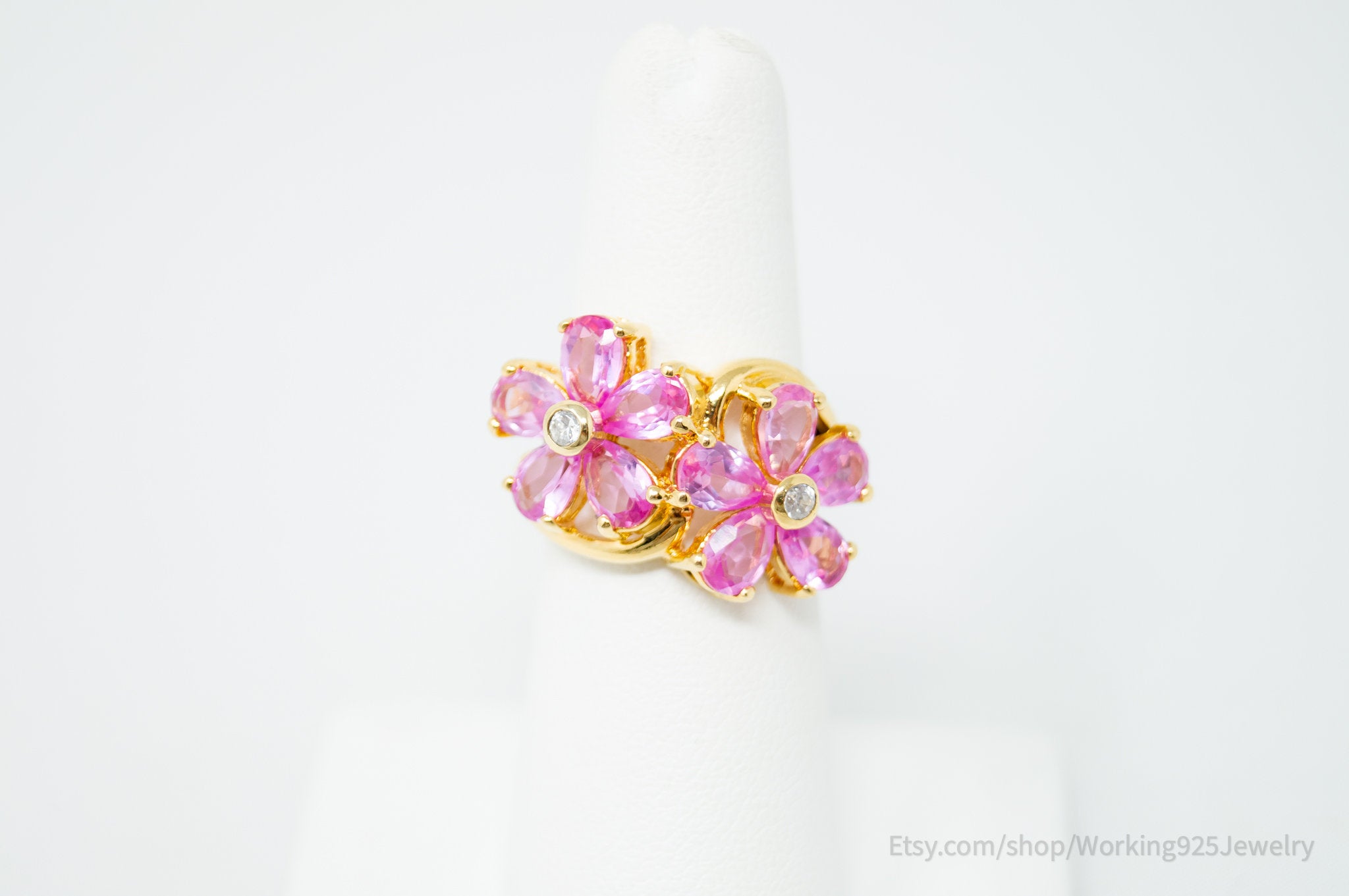 Vintage Pink Topaz Gold Vermeil CZ Statement Ring Sterling Silver - Size 5.75