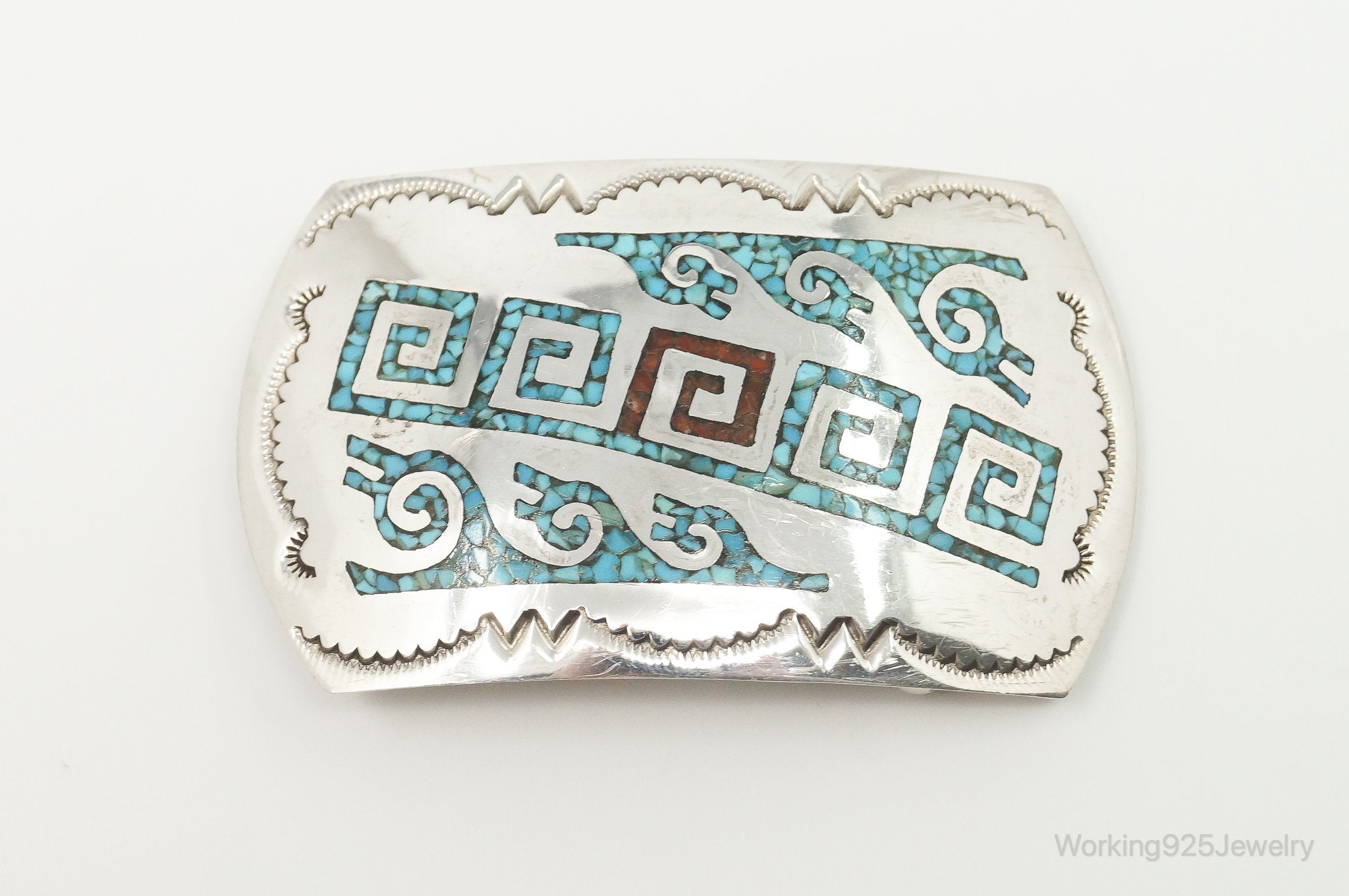 Vintage Native American J / L Turquoise Coral Sterling Silver Belt Buckle