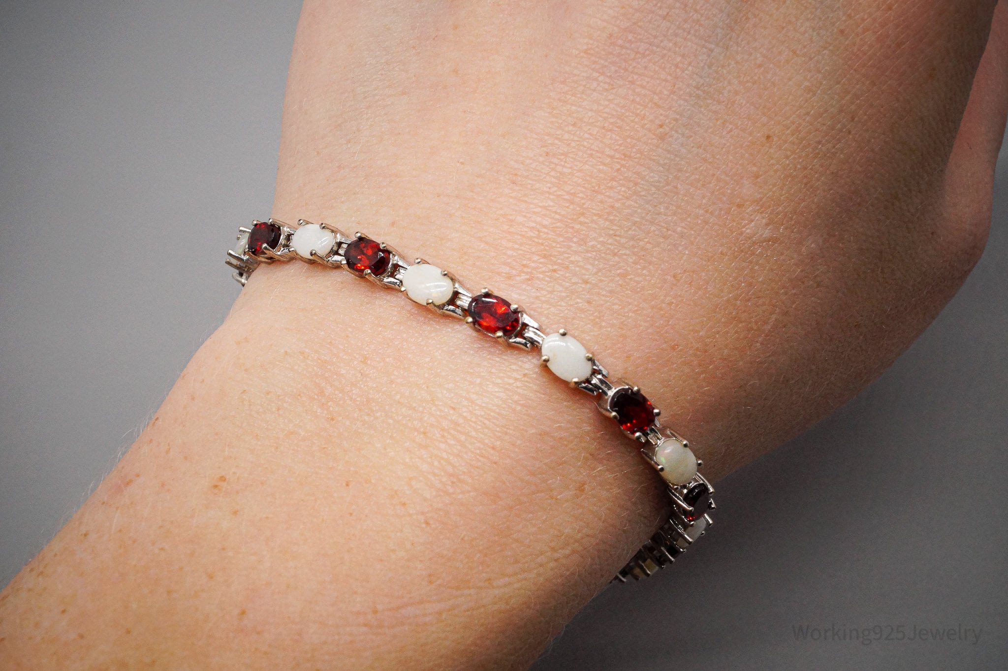 Vintage Garnet & Opal Sterling Silver Plated Bracelet 7 7/8"