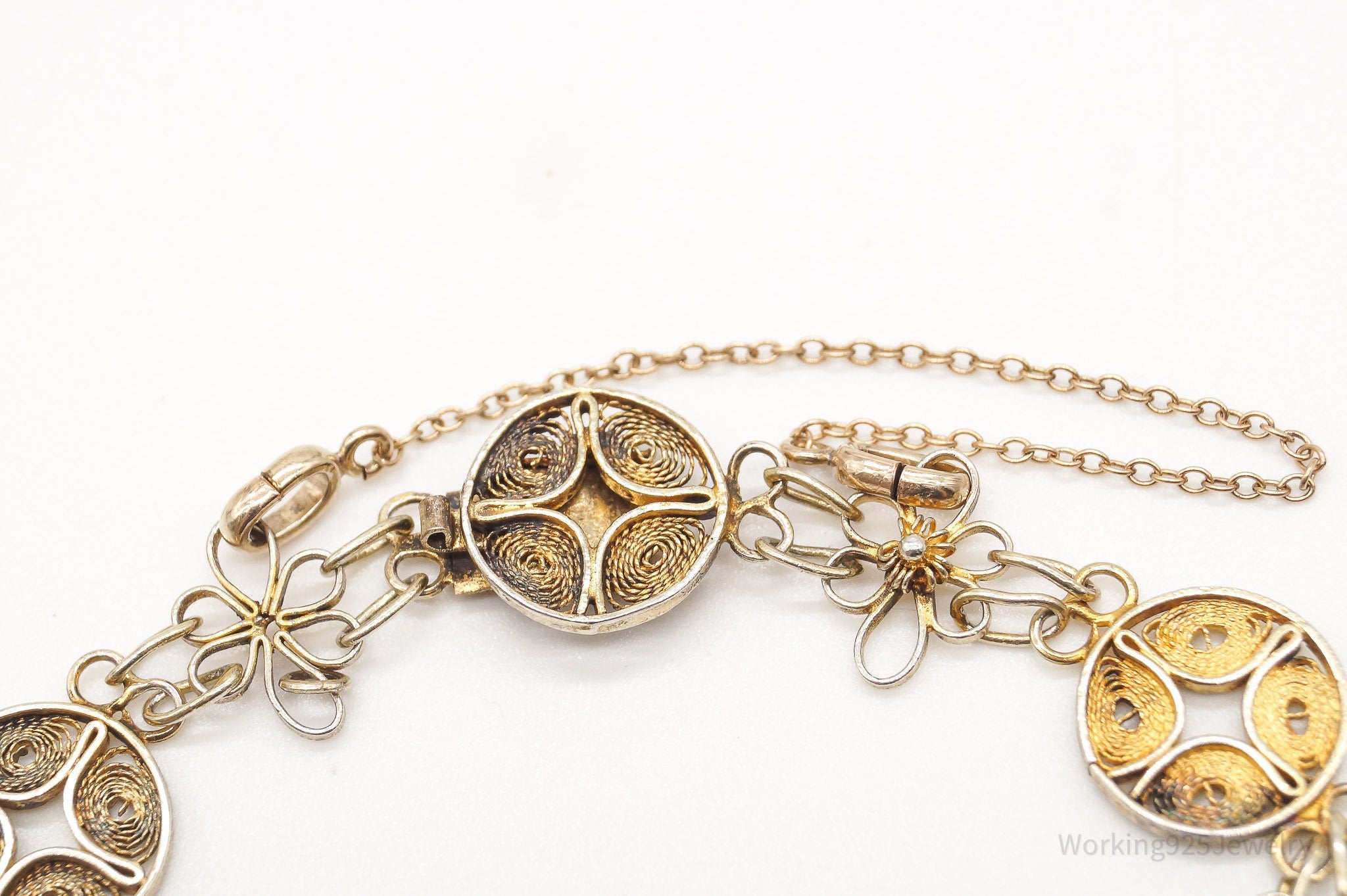 Vintage Ornate Filigree Gold Wash Silver Bracelet