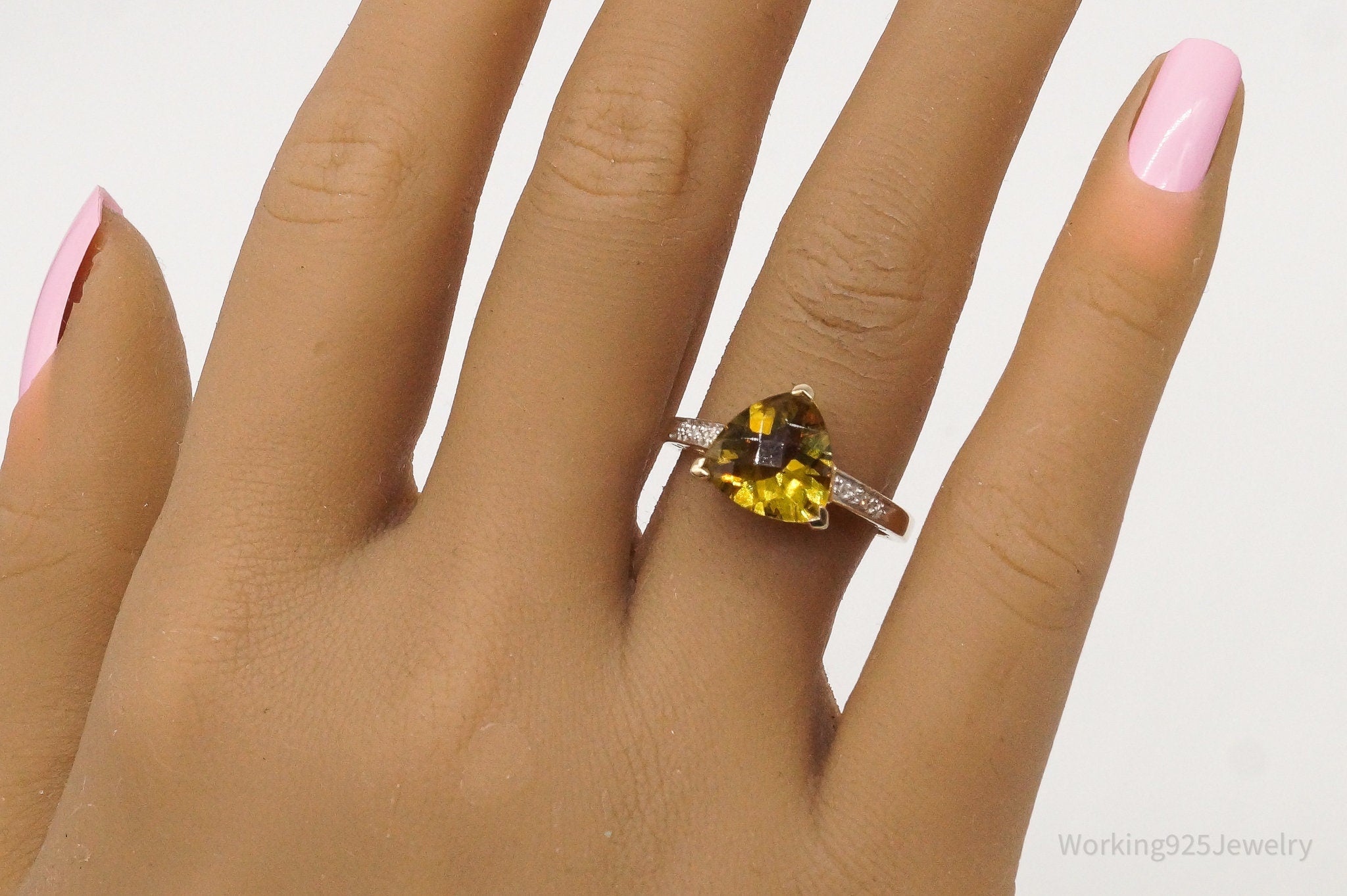 Vintage UTC Citrine Two Diamond Gold Vermeil Sterling Silver Ring Size 8