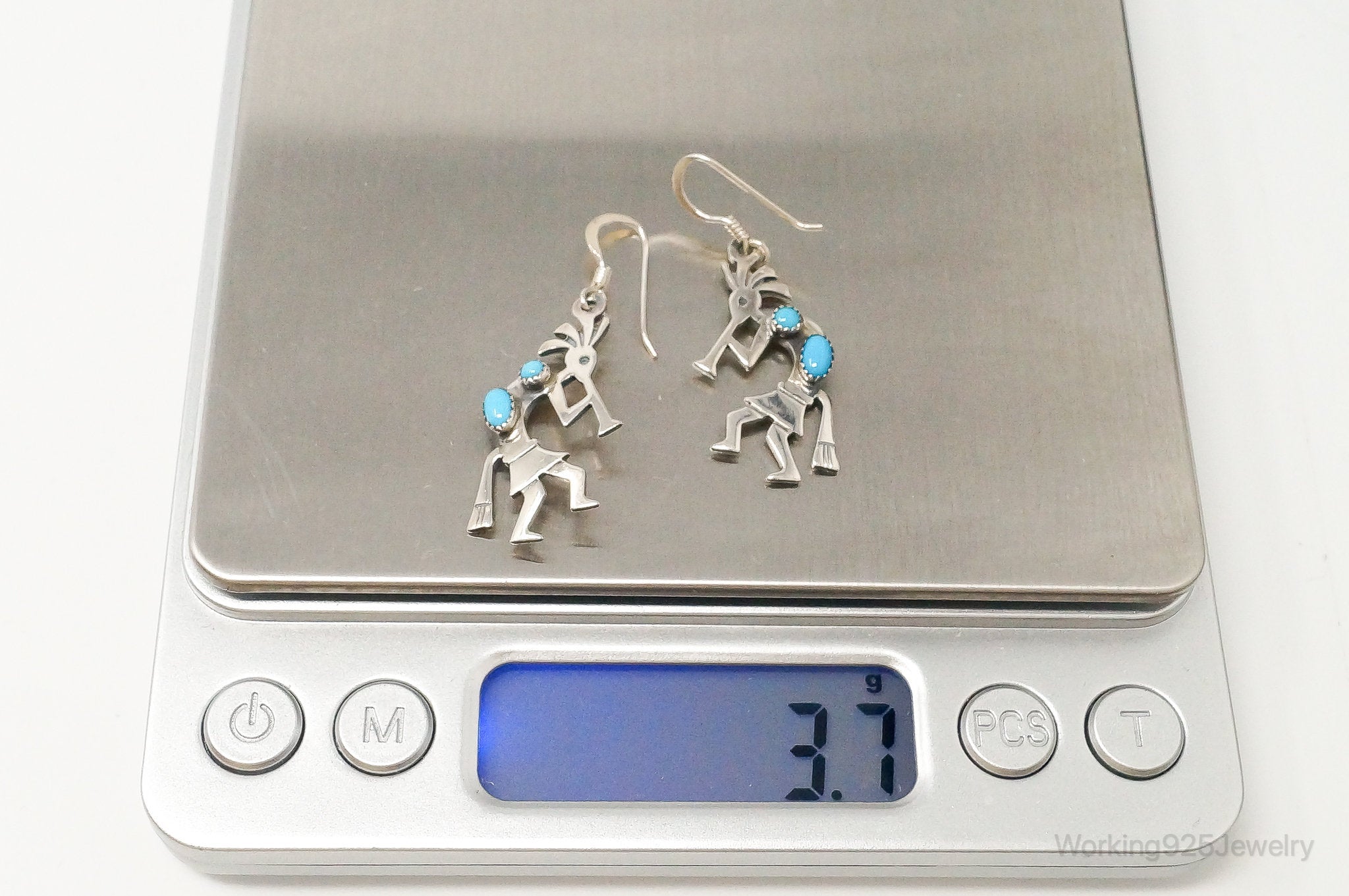 Vintage Native American Turquoise Dancing Kokopelli Sterling Silver Earrings