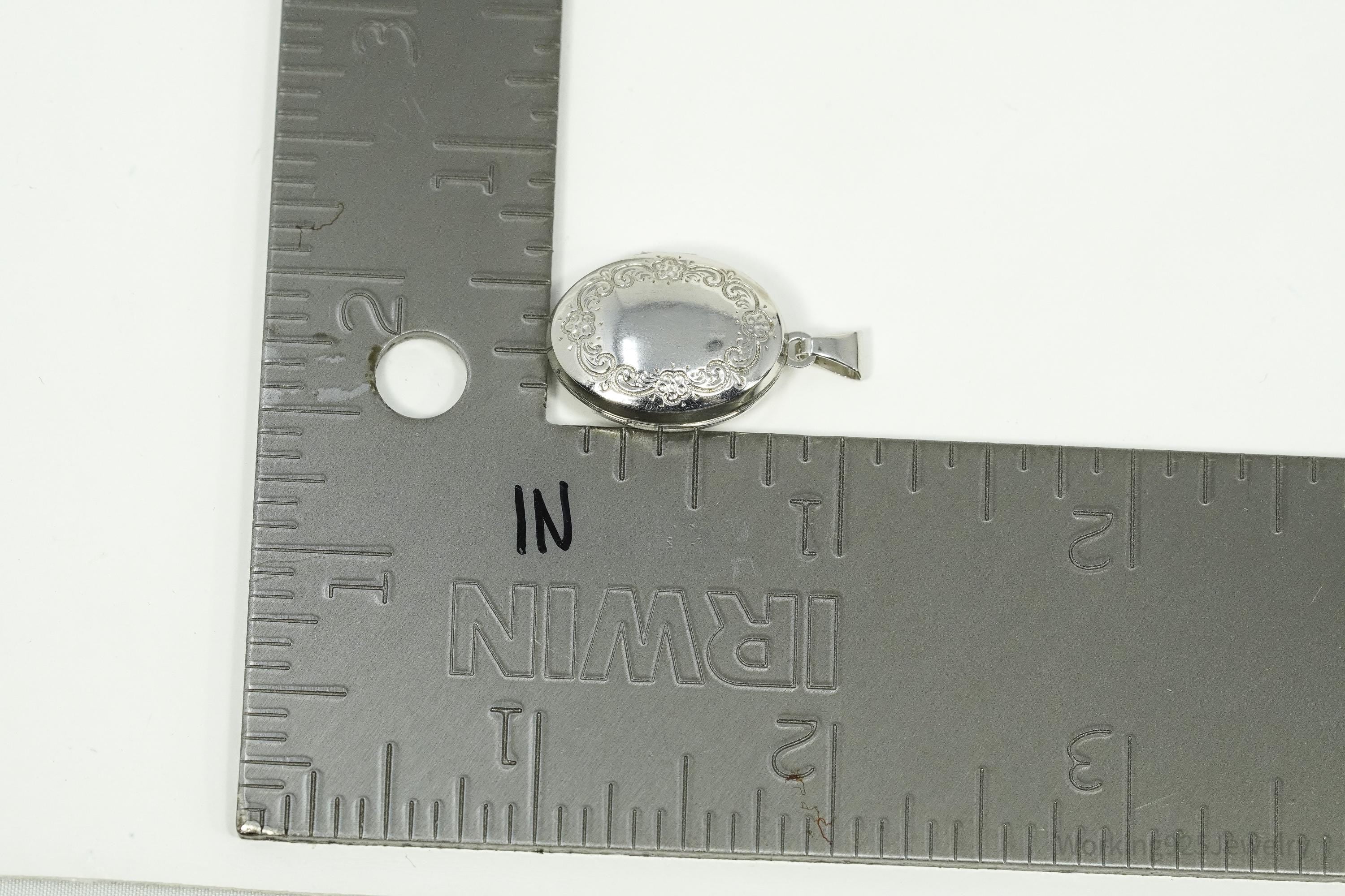 Vintage Flower Etched Oval Silver Locket Pendant 1 1/8"