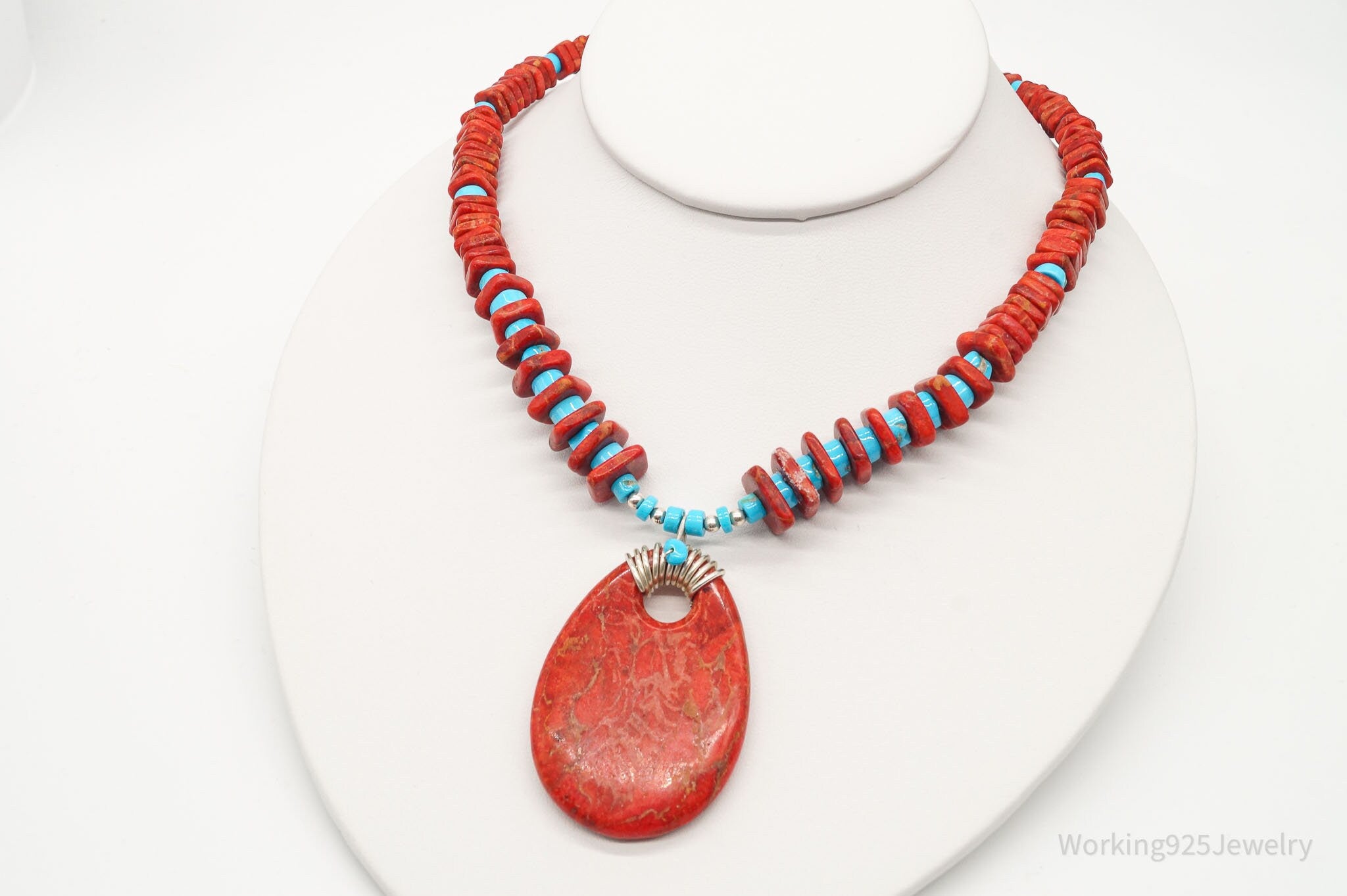 Vintage Native American Running Bear Coral Turquoise Bead SS Necklace