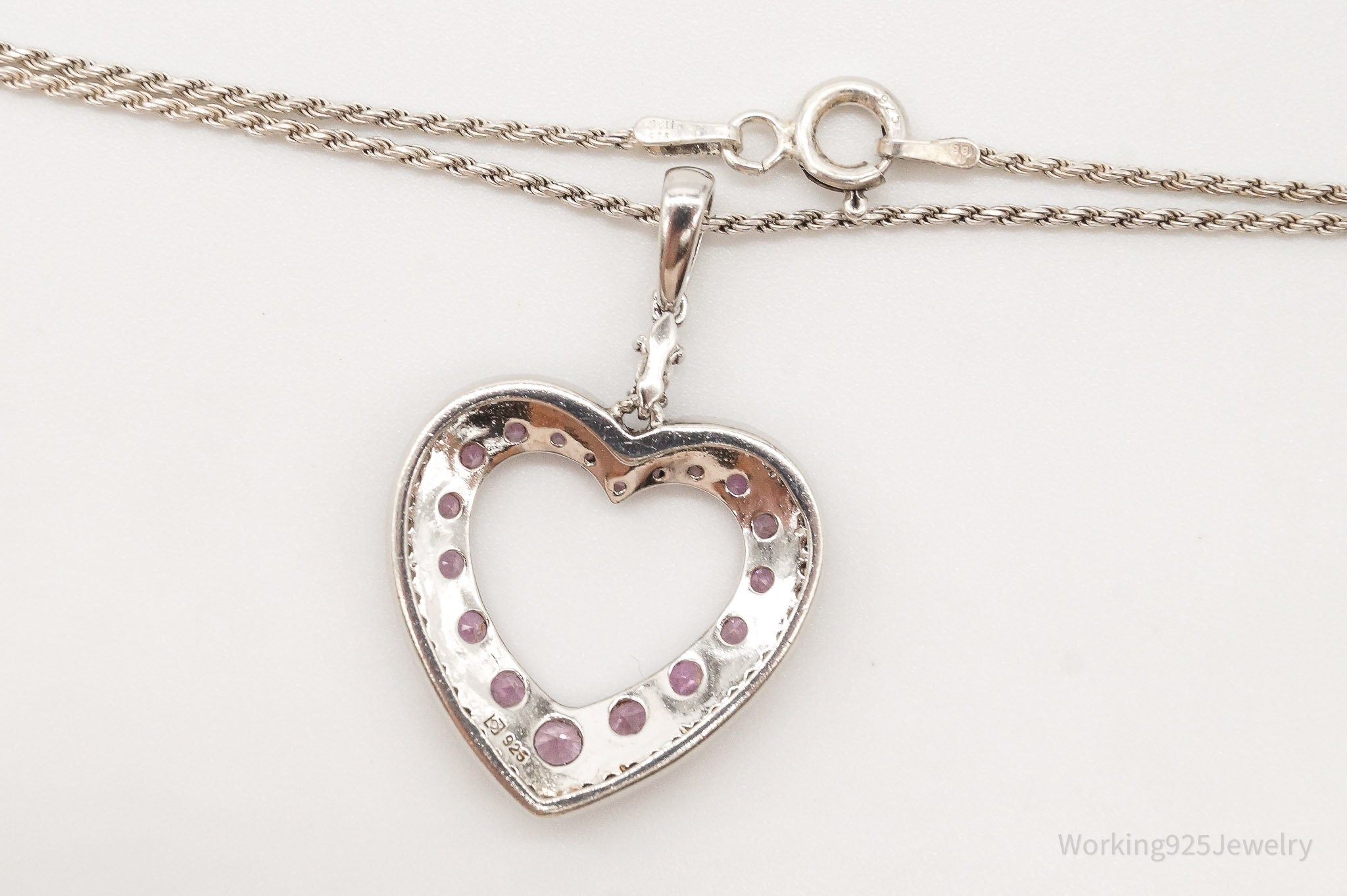 Vintage Pink & White Cubic Zirconia Heart Sterling Silver Necklace