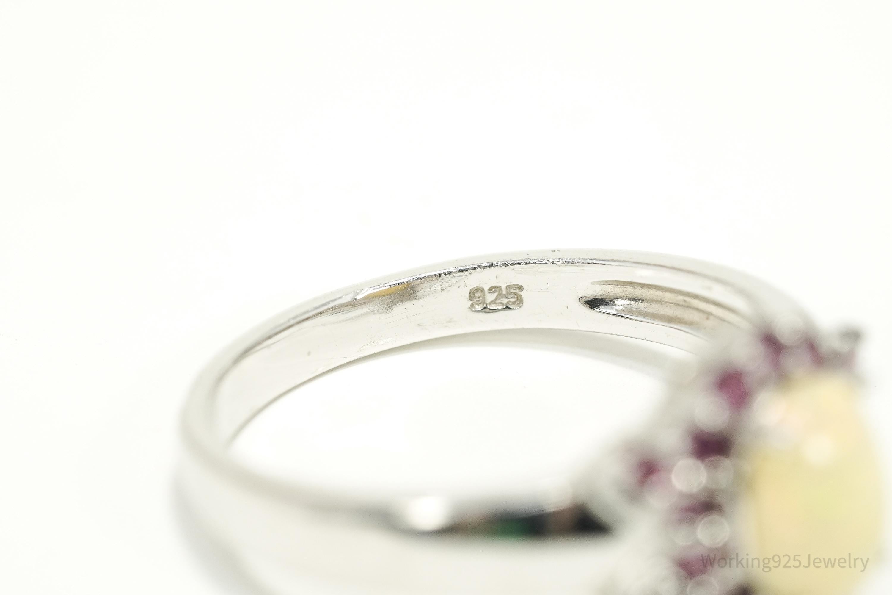 Vintage Opal & Purple Garnet Sterling Silver Cluster Ring – Size 11.5