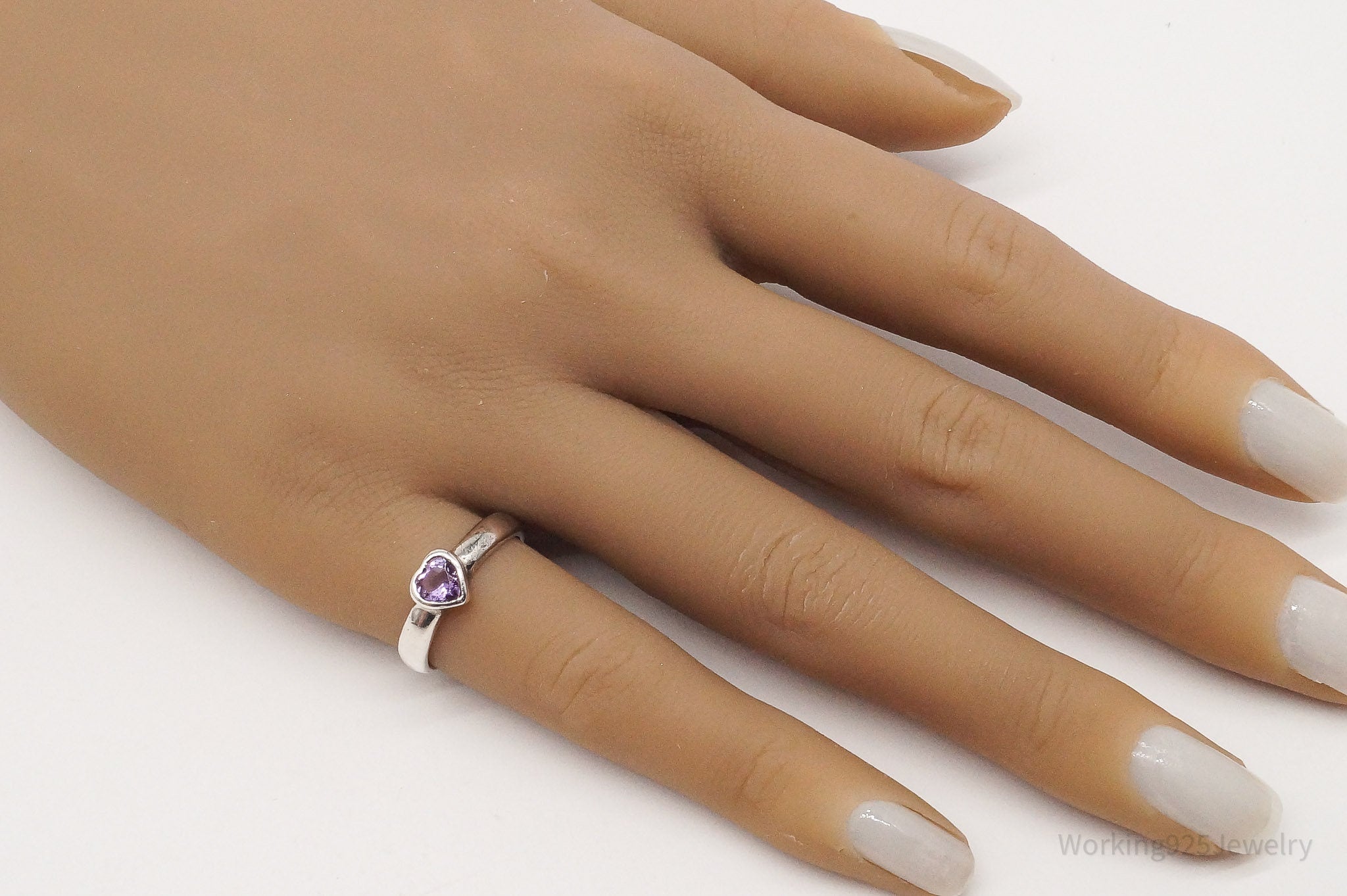 Vintage Amethyst Heart Sterling Silver Ring - Size 5.75