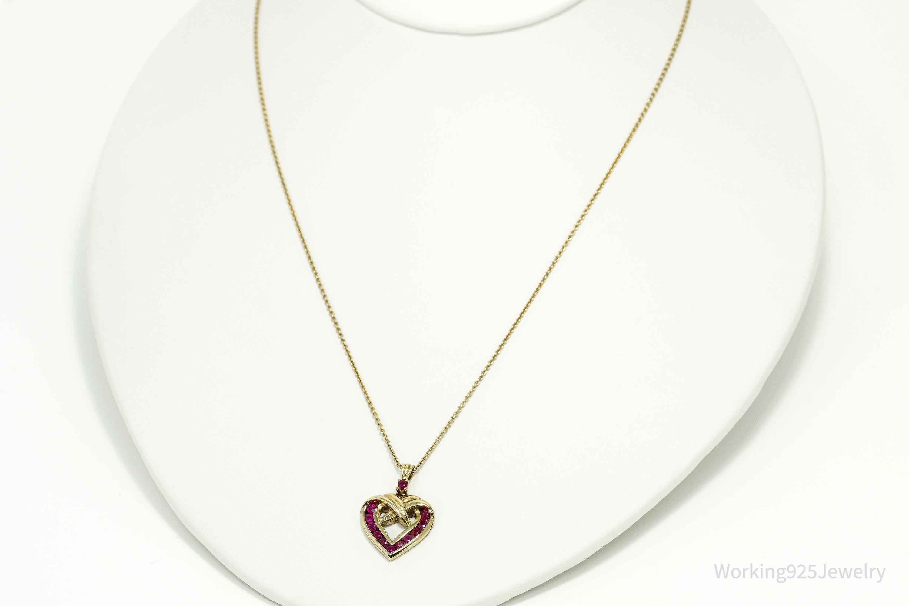 Vintage Ruby Gold Over Sterling Silver Heart Necklace 18"