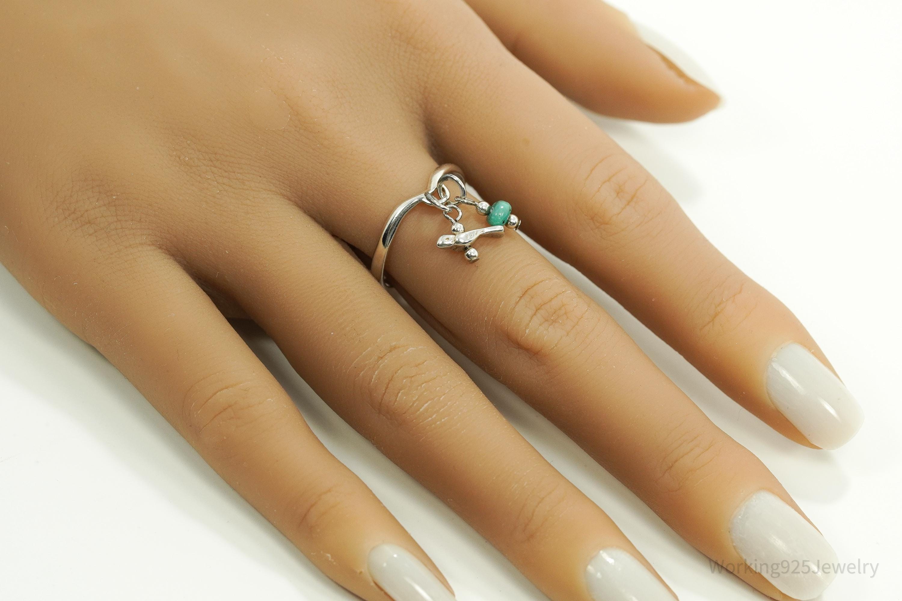 Vintage Native American Turquoise Nugget & Bird Charm Sterling Silver Ring - Size 9.25
