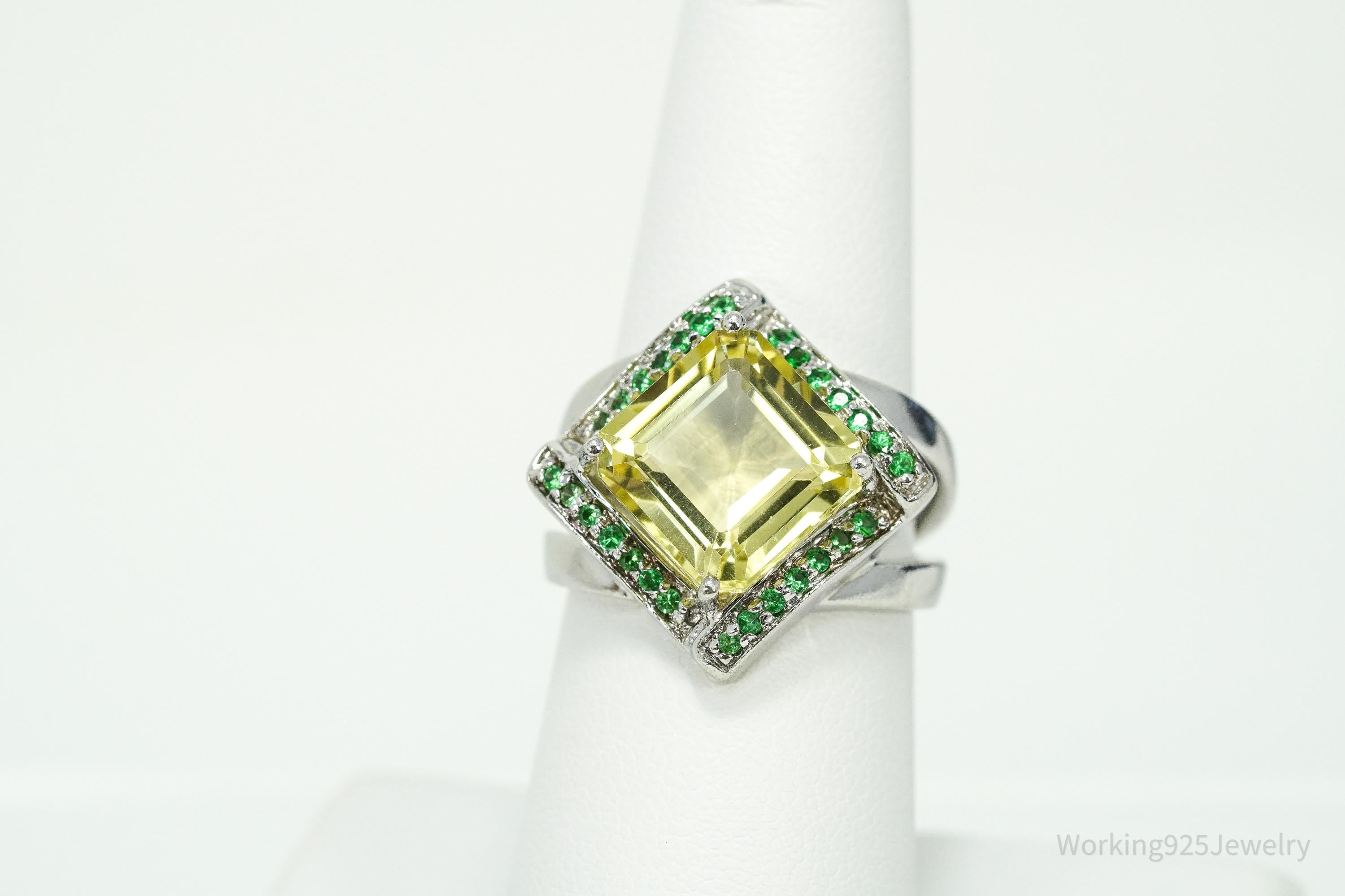Vintage Lemon Citrine & Emerald Sterling Silver Ring Size 7