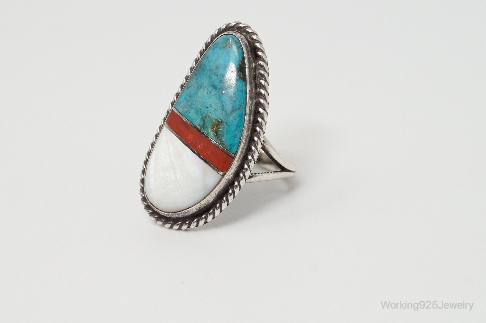 Vintage Native American Multi Gem Unsigned Sterling Silver Ring - Sz 7.75