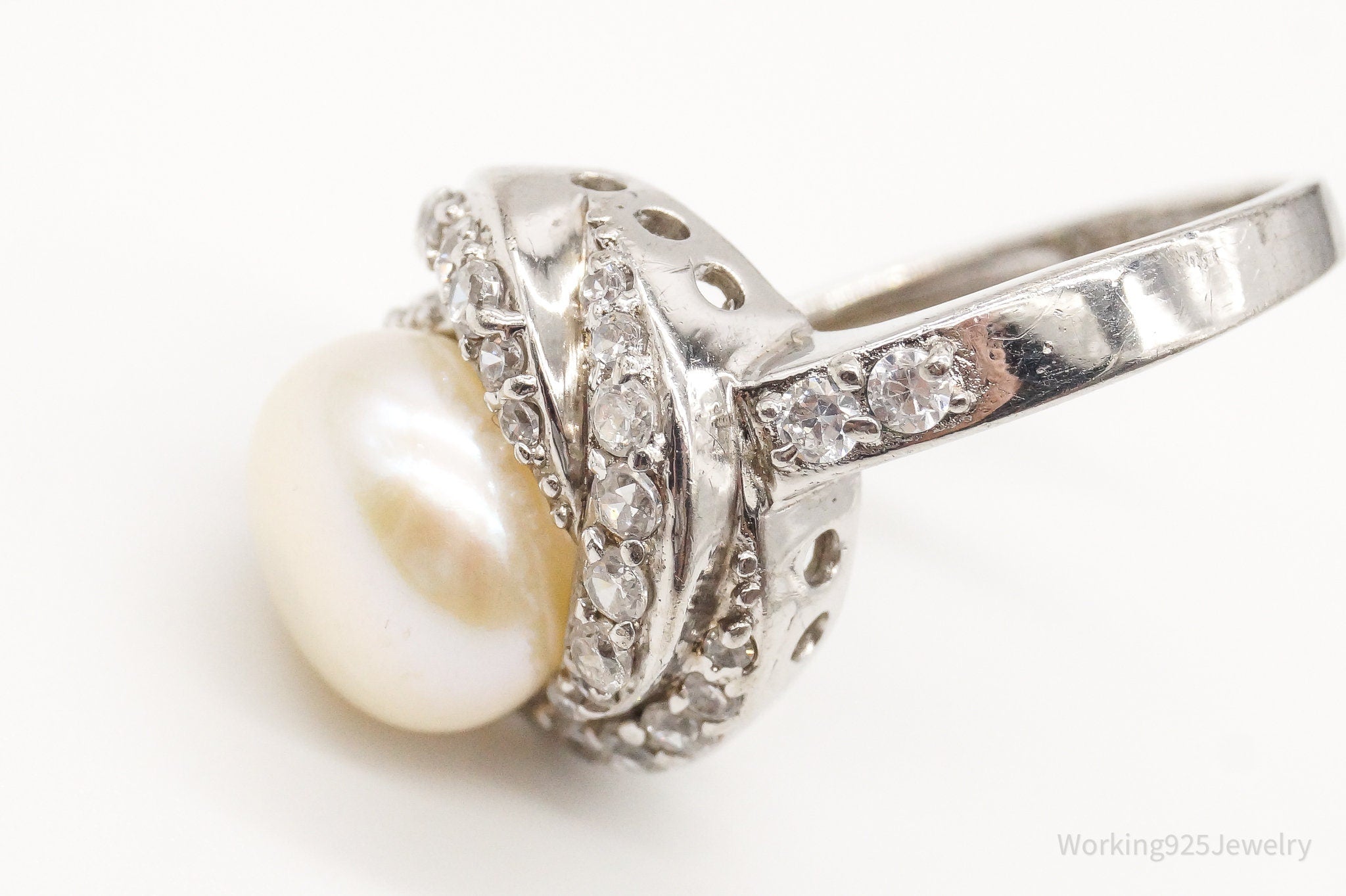 Vintage Pearl Cubic Zirconia Sterling Silver Ring - Size 6