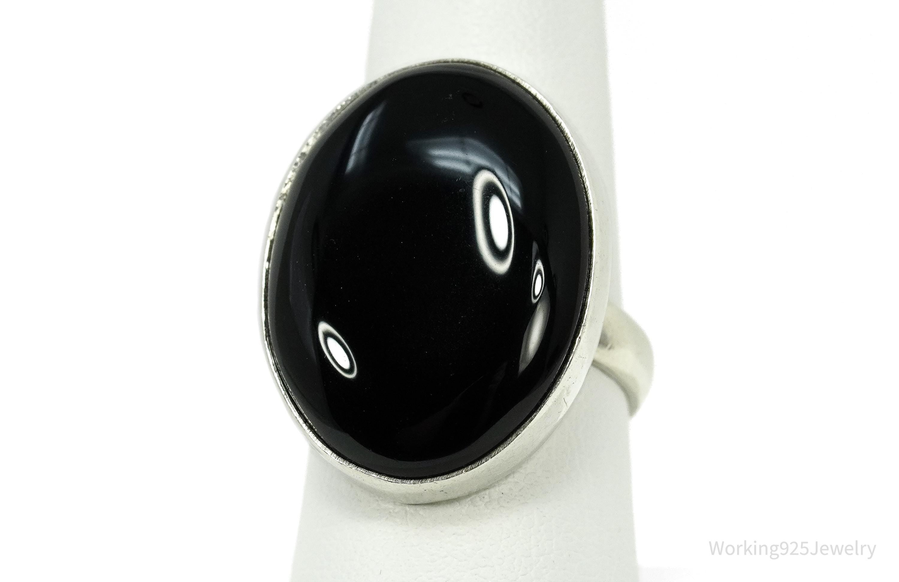 Vintage Large Black Onyx Sterling Silver Ring - Size 8.75