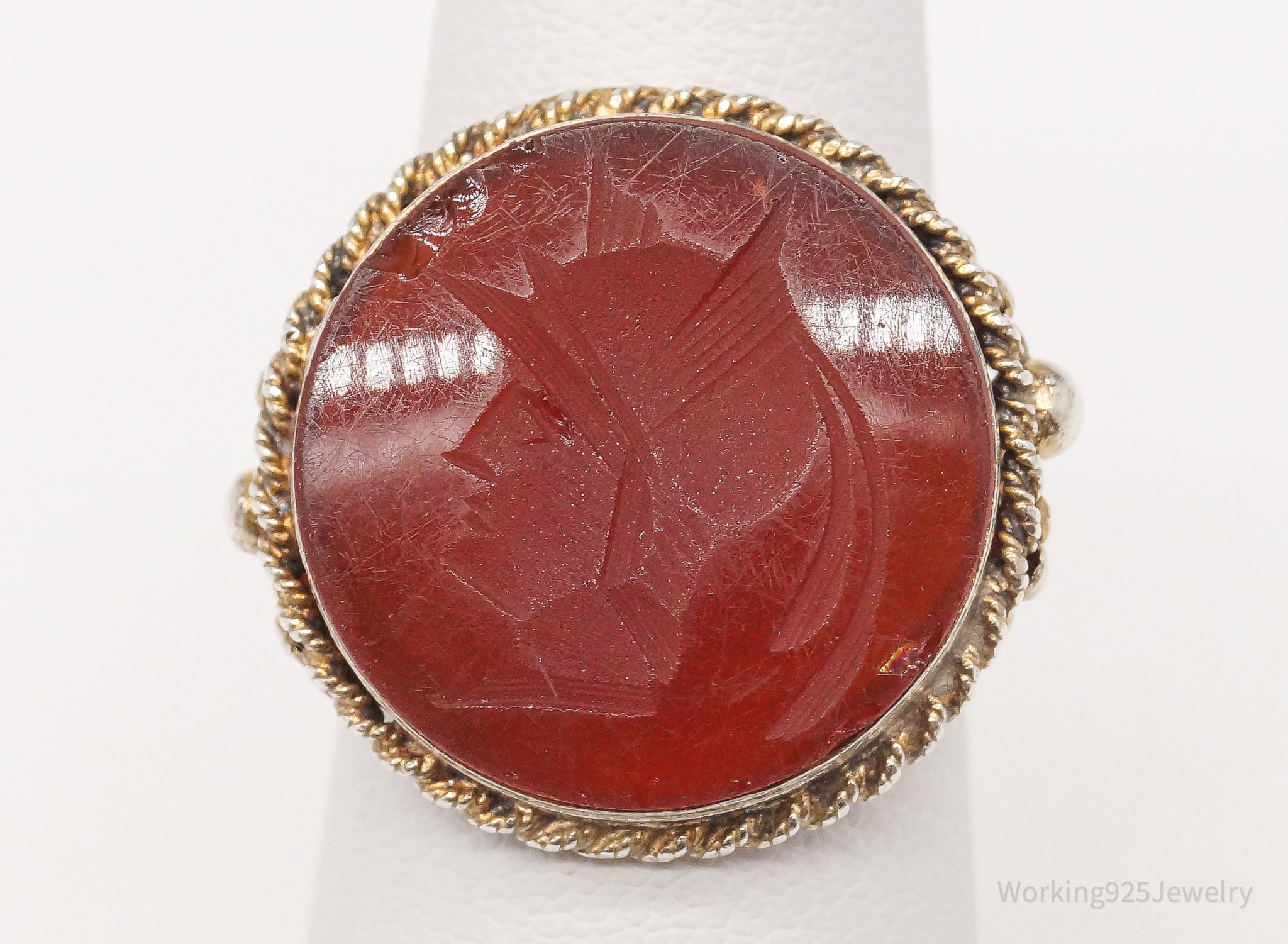 Antique Roman Soldier Carved Carnelian Intaglio Silver Ring - Size 5.5