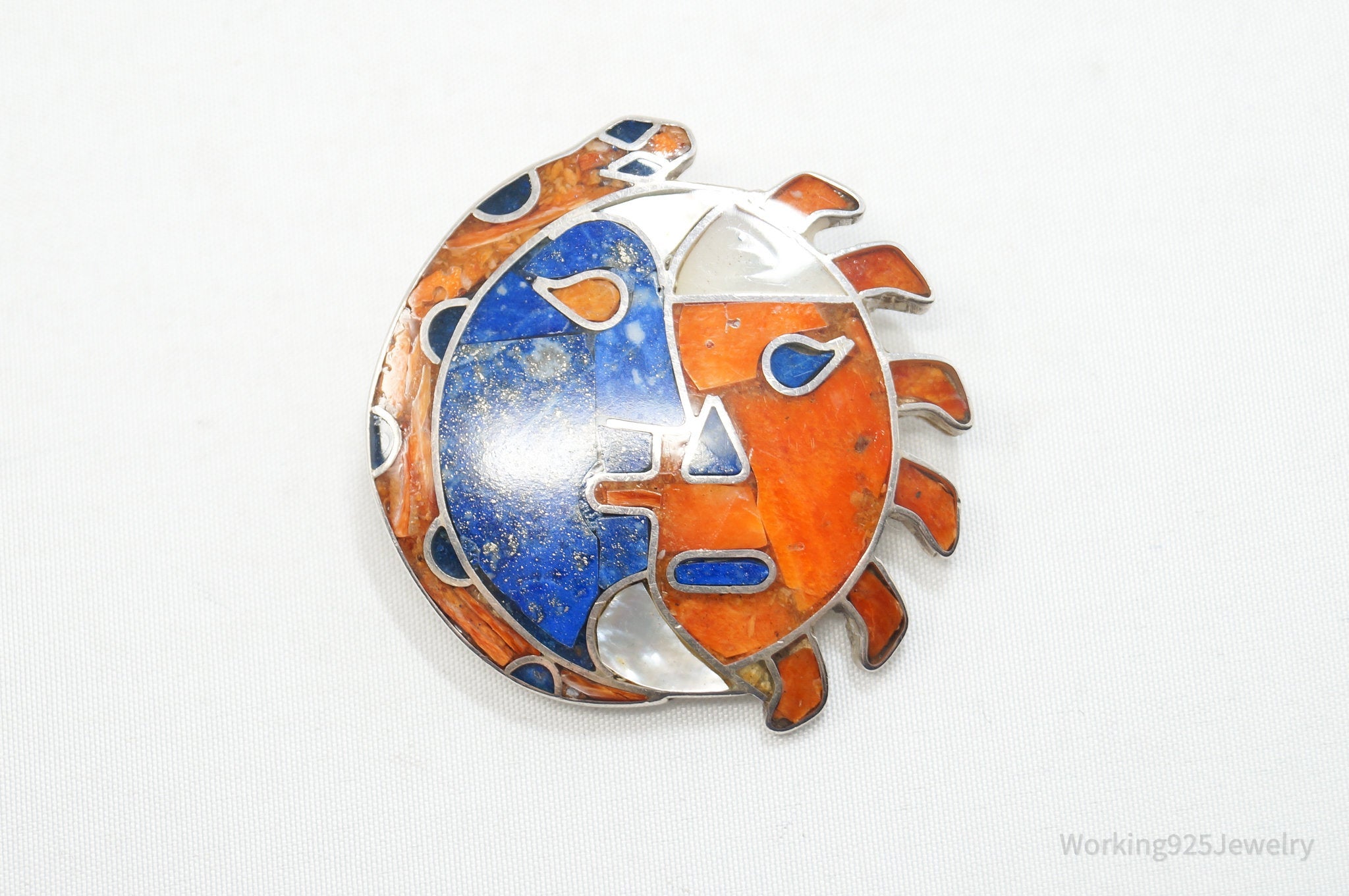 Vtg Large Handmade Mexico Sun Moon 950 Silver Southwestern Brooch Pendant