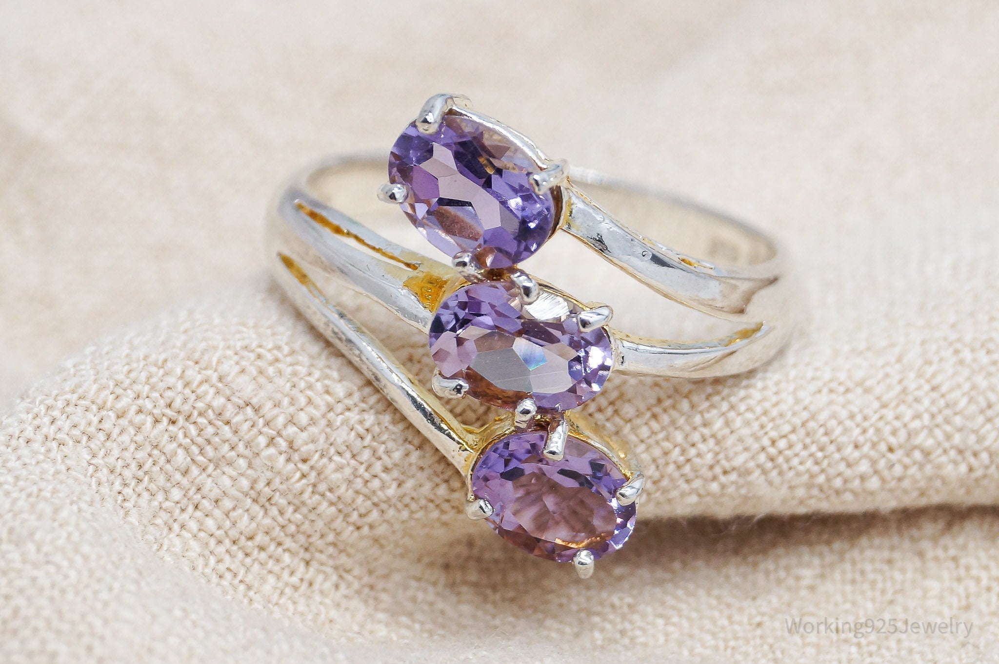 Vintage Amethyst Gold Washed Sterling Silver Ring - Size 9.75