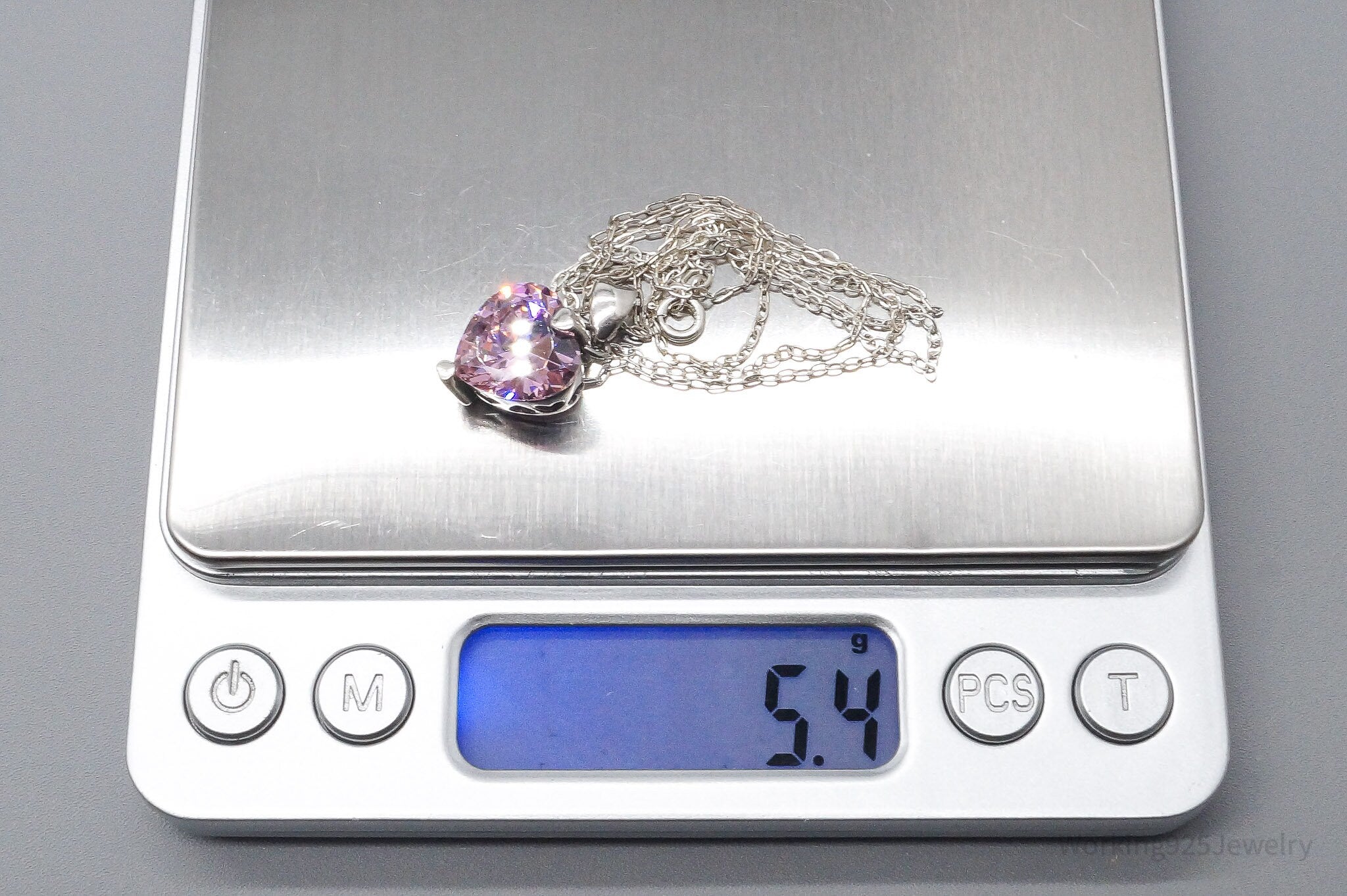 Vintage Pink Cubic Zirconia Heart Sterling Silver Necklace 20"